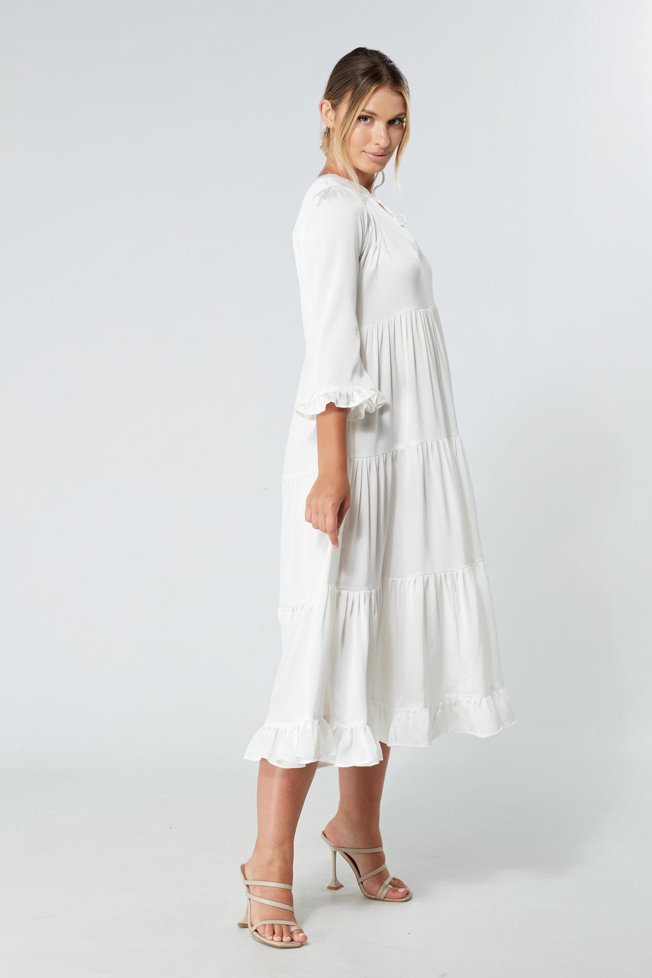 Gia White Tiered Maxi Soft Crepe Satin Dress With Frilled Sleeves