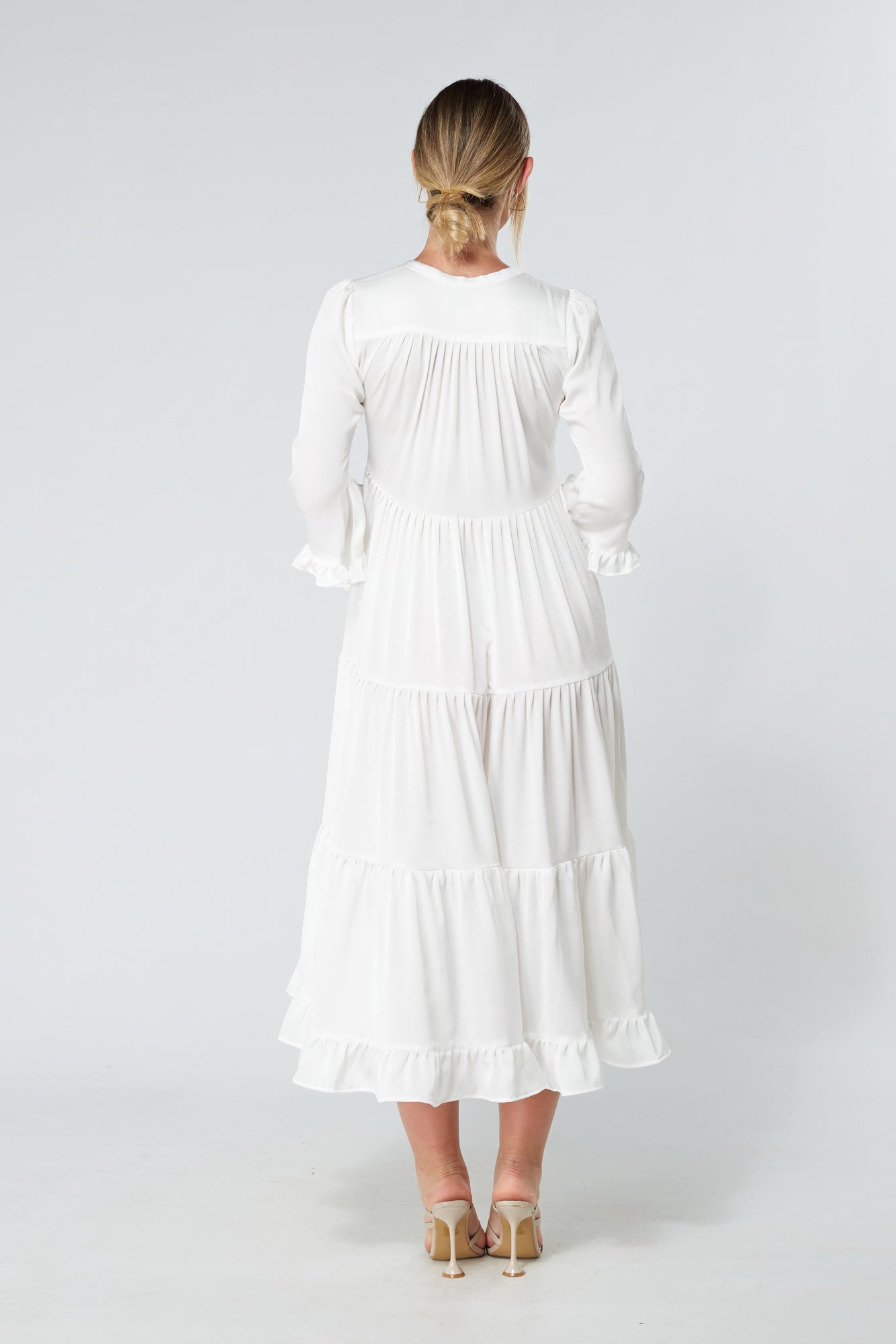 Gia White Tiered Maxi Soft Crepe Satin Dress With Frilled Sleeves