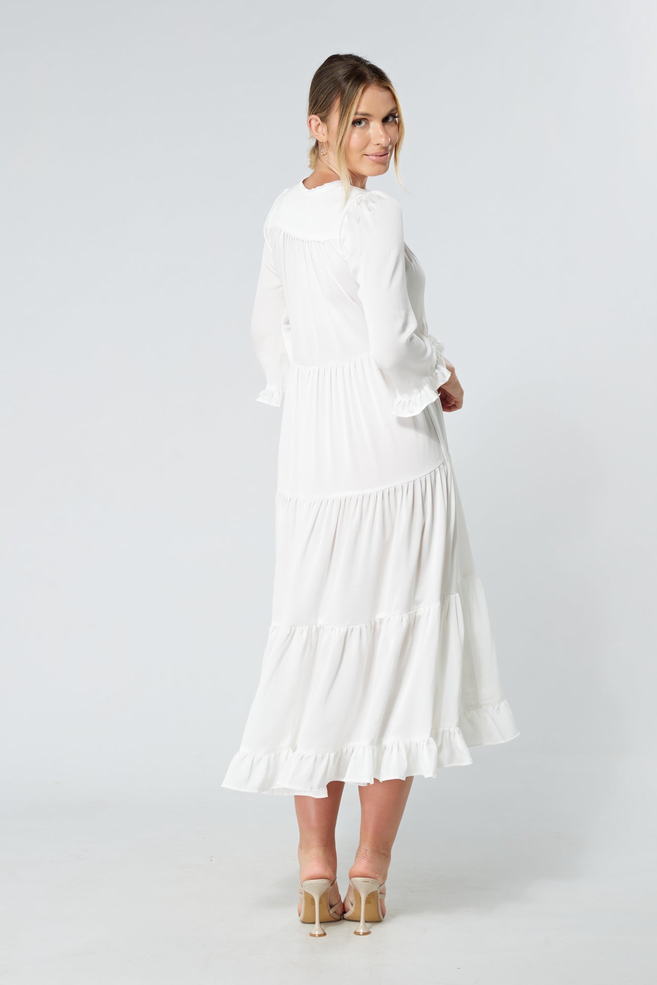 Gia White Tiered Maxi Soft Crepe Satin Dress With Frilled Sleeves