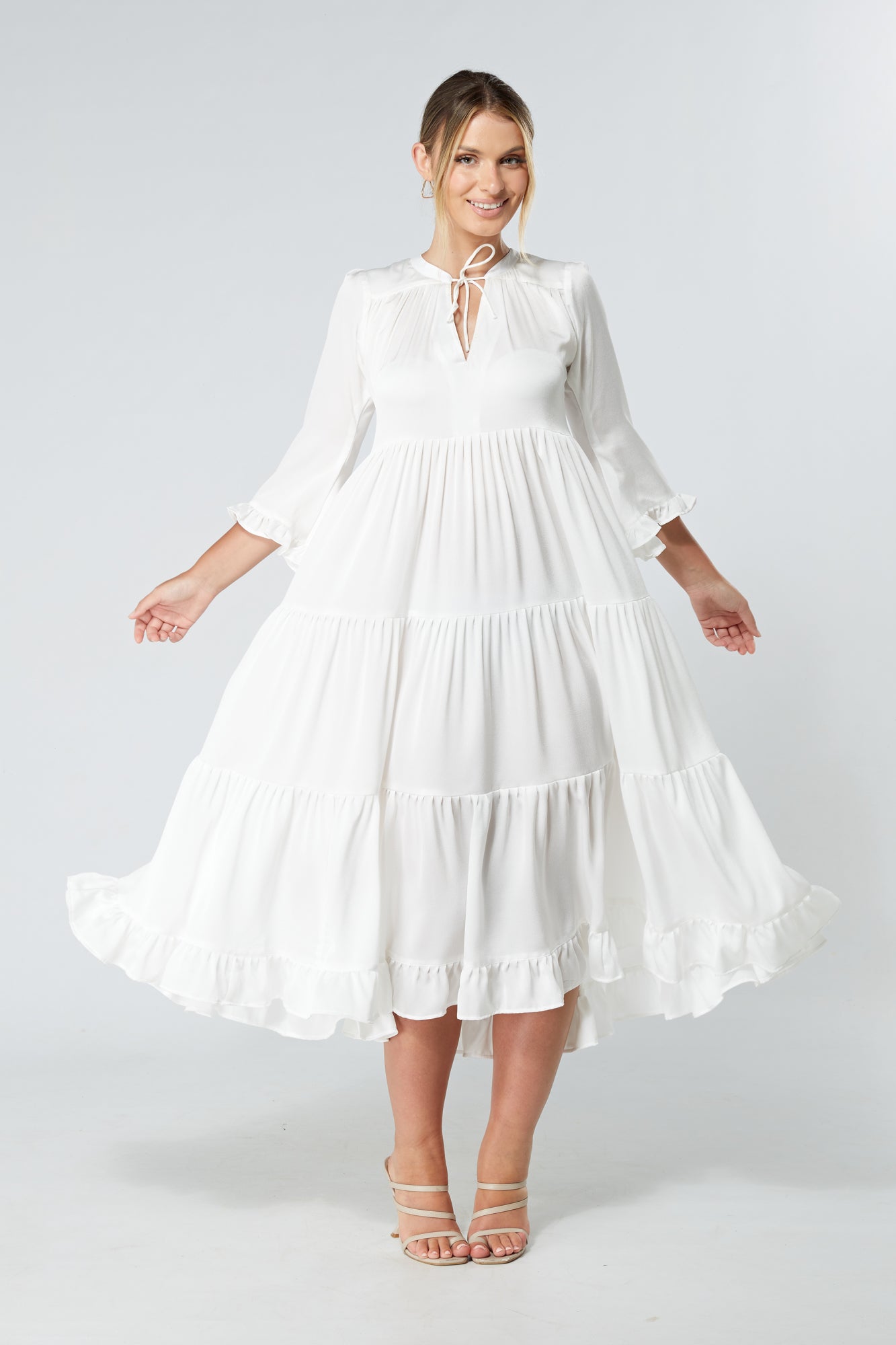 Gia White Tiered Maxi Soft Crepe Satin Dress With Frilled Sleeves