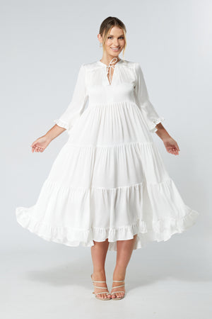 Gia White Tiered Maxi Soft Crepe Satin Dress With Frilled Sleeves