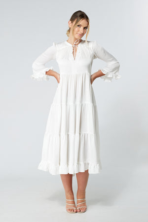 Gia White Tiered Maxi Soft Crepe Satin Dress With Frilled Sleeves