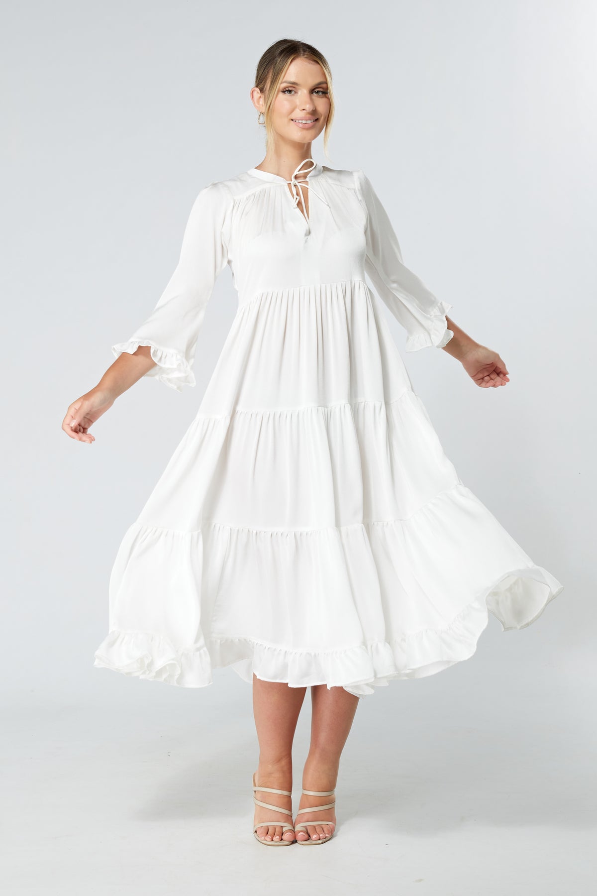 Gia White Tiered Maxi Soft Crepe Satin Dress With Frilled Sleeves