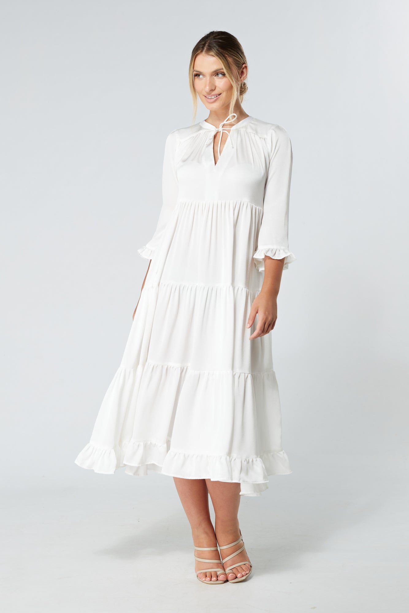 Gia White Tiered Maxi Soft Crepe Satin Dress With Frilled Sleeves