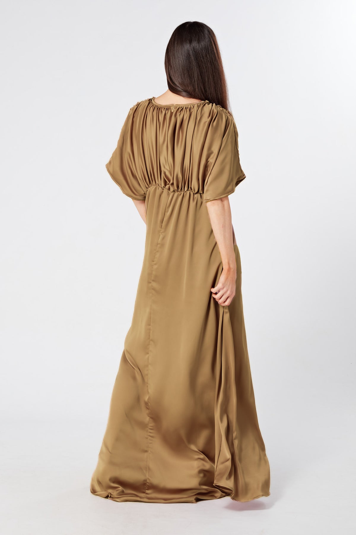 Josephine Deep Gold Satin Feel Crepe Maxi Dress With Ruched Body