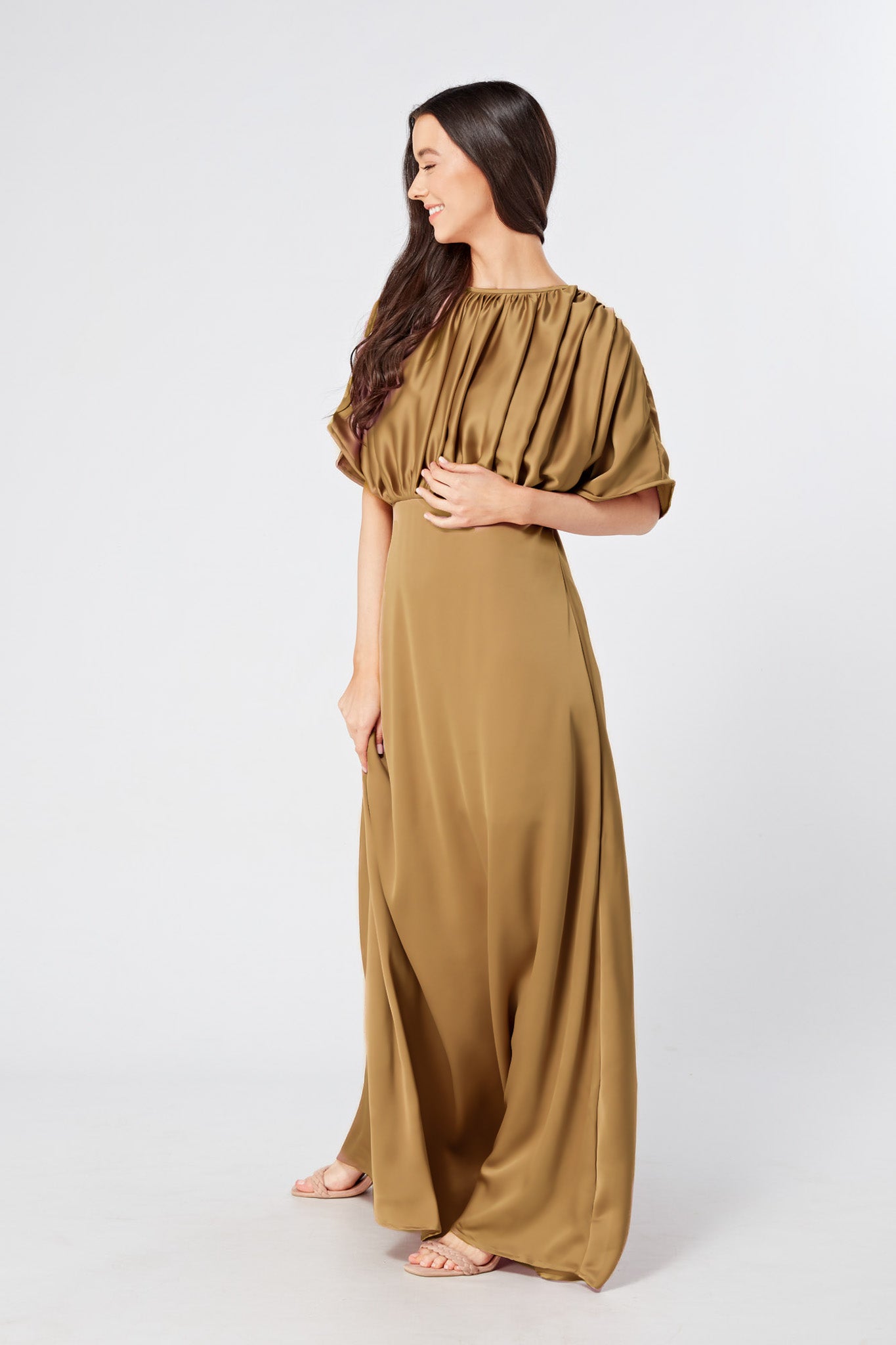 Josephine Deep Gold Satin Feel Crepe Maxi Dress With Ruched Body