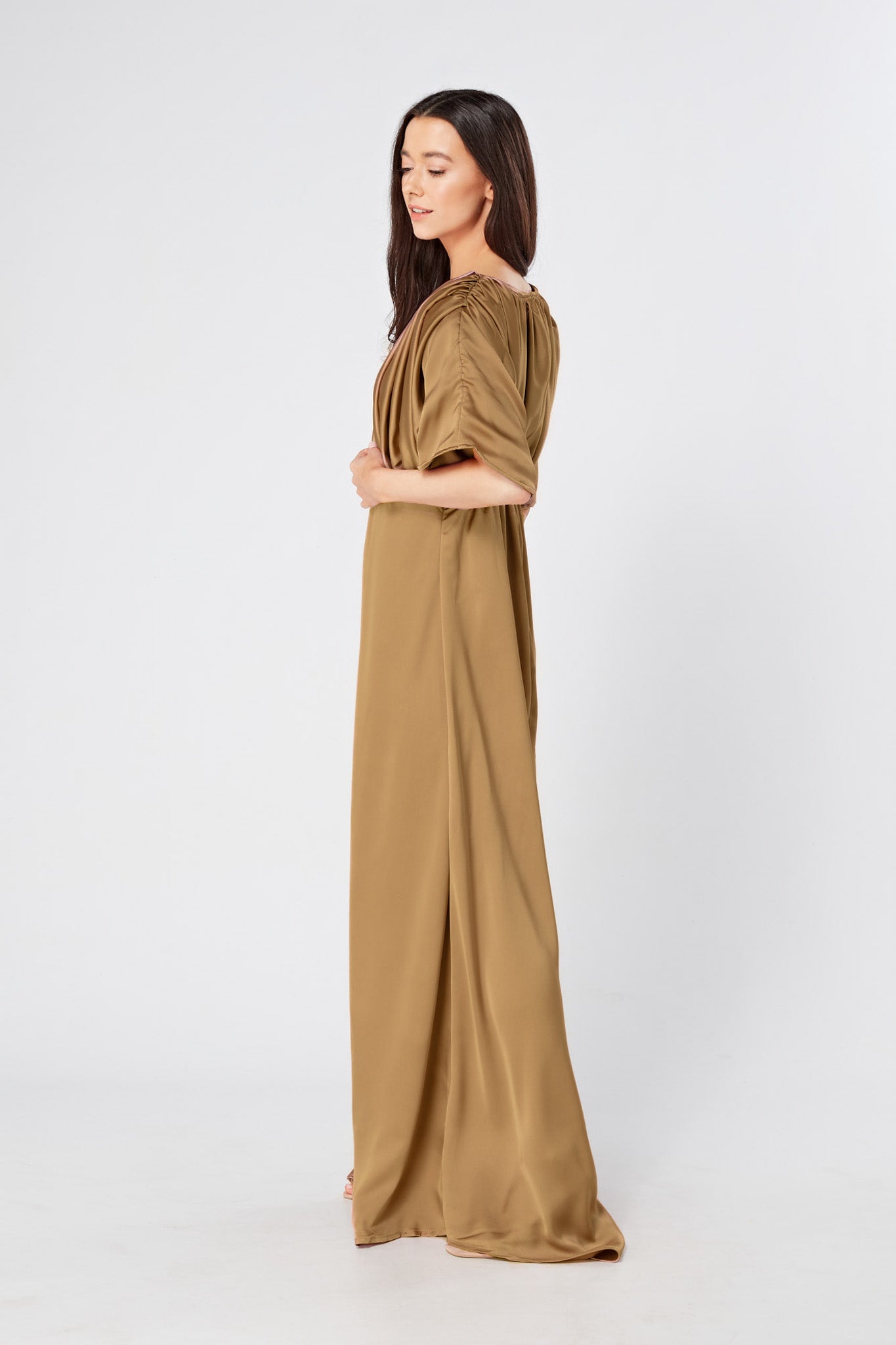 Josephine Deep Gold Satin Feel Crepe Maxi Dress With Ruched Body