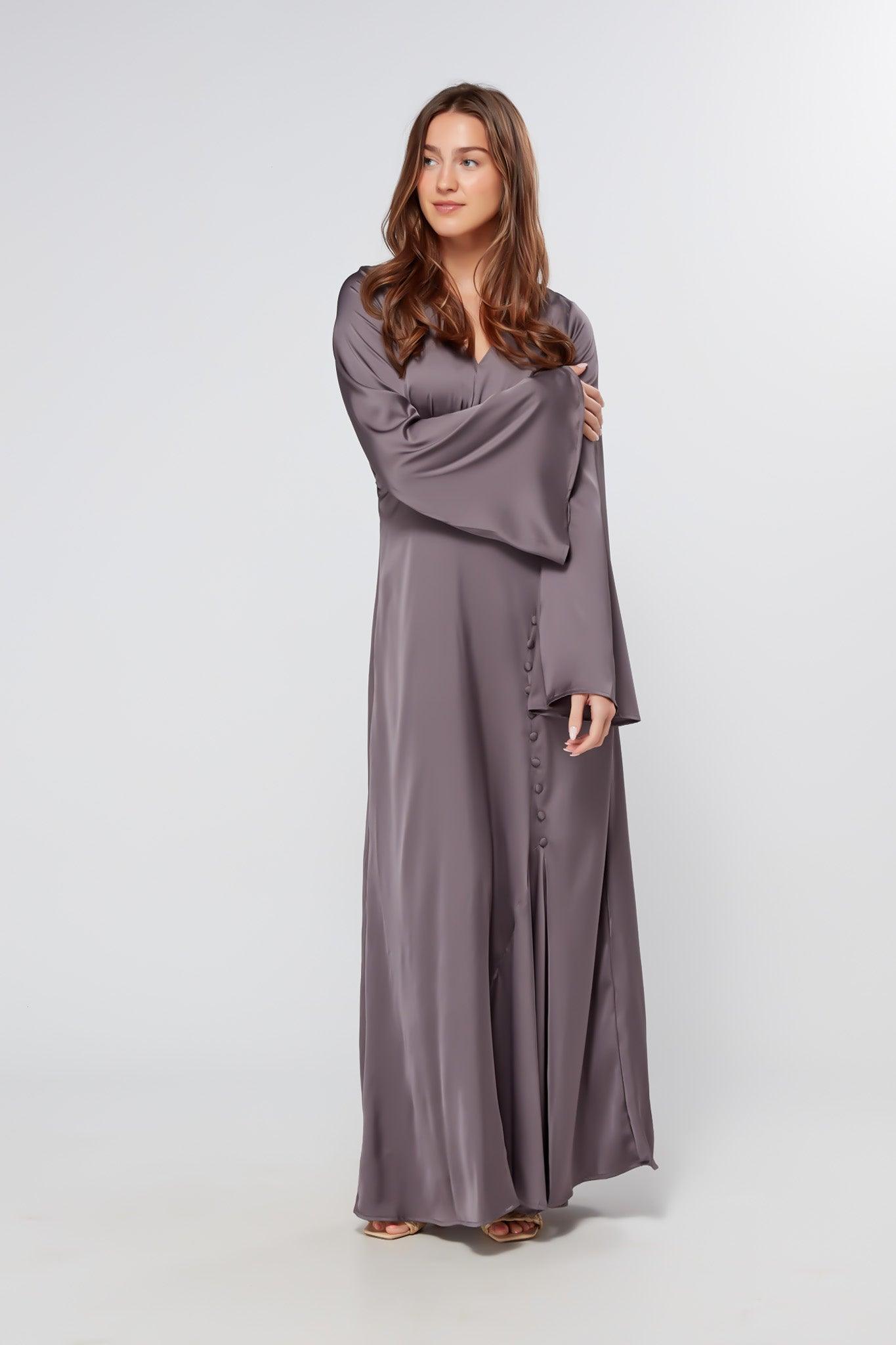 Helena Satin Dark Grey Maxi Dress With Kimono Sleeves - TAHLIRA