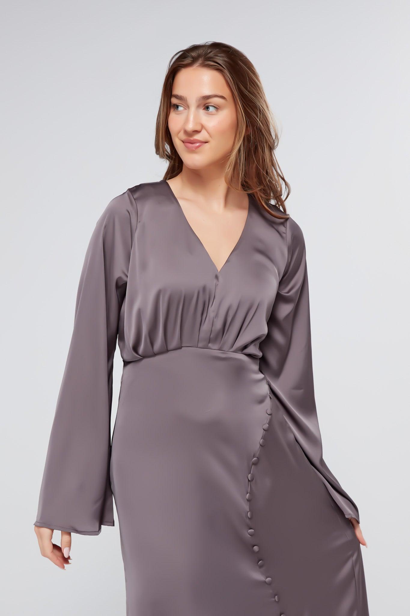 Helena Satin Dark Grey Maxi Dress With Kimono Sleeves - TAHLIRA