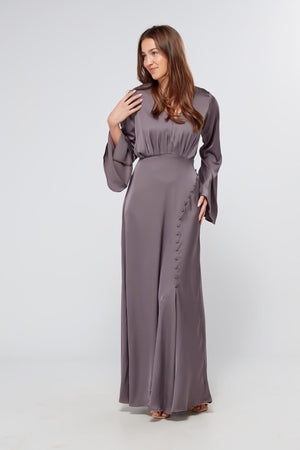 Helena Satin Dark Grey Maxi Dress With Kimono Sleeves - TAHLIRA