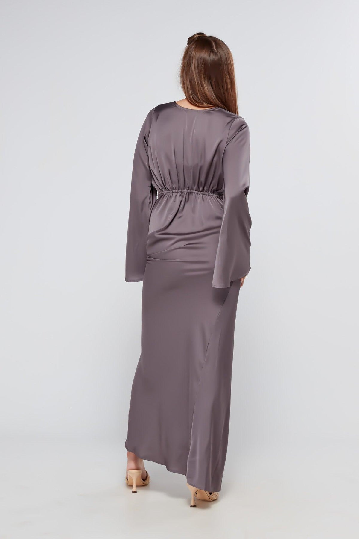 Helena Satin Dark Grey Maxi Dress With Kimono Sleeves - TAHLIRA