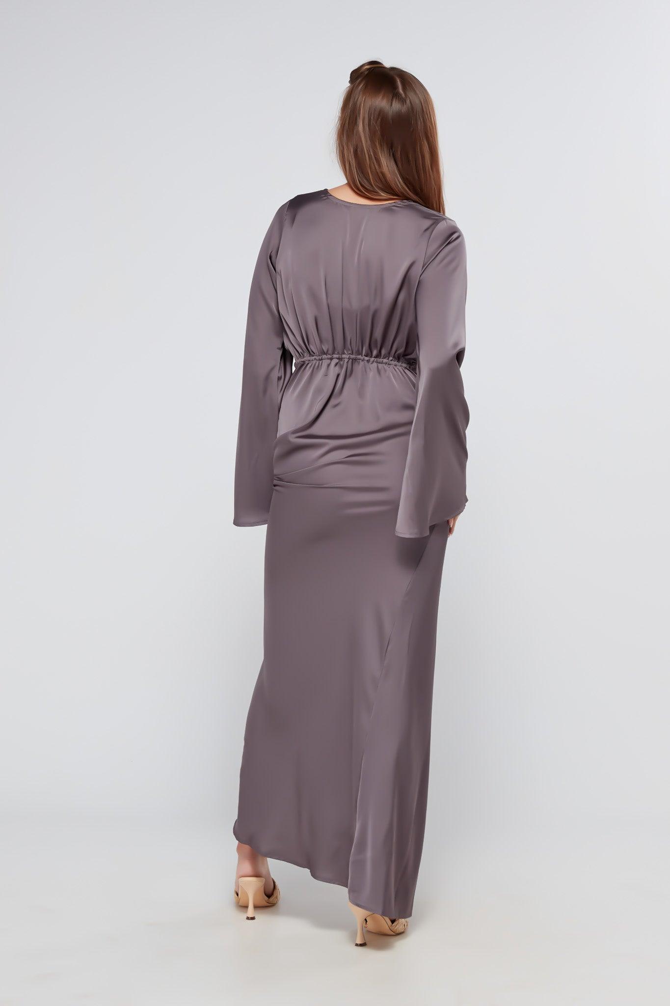 Helena Satin Dark Grey Maxi Dress With Kimono Sleeves - TAHLIRA