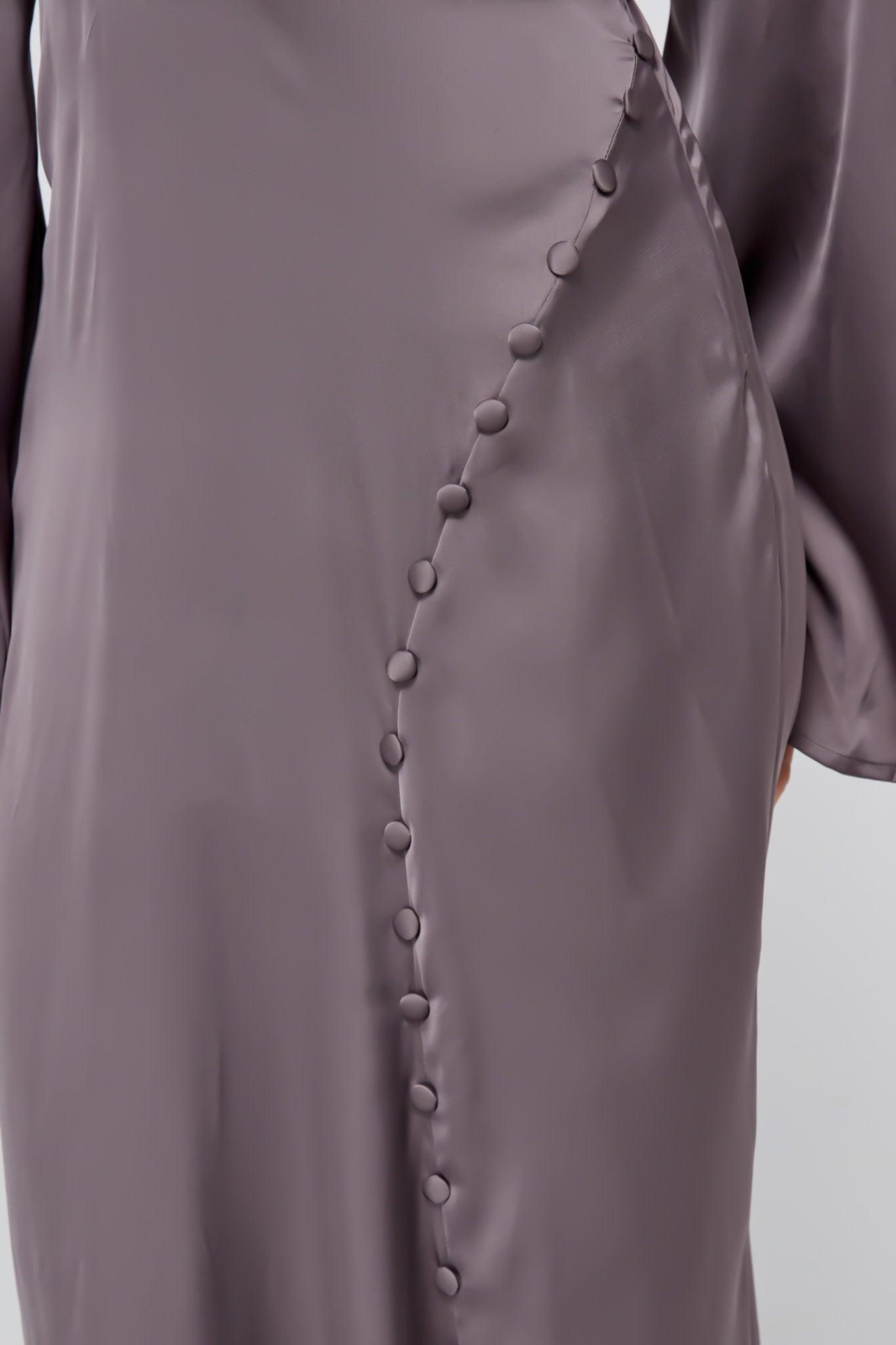 Helena Satin Dark Grey Maxi Dress With Kimono Sleeves - TAHLIRA