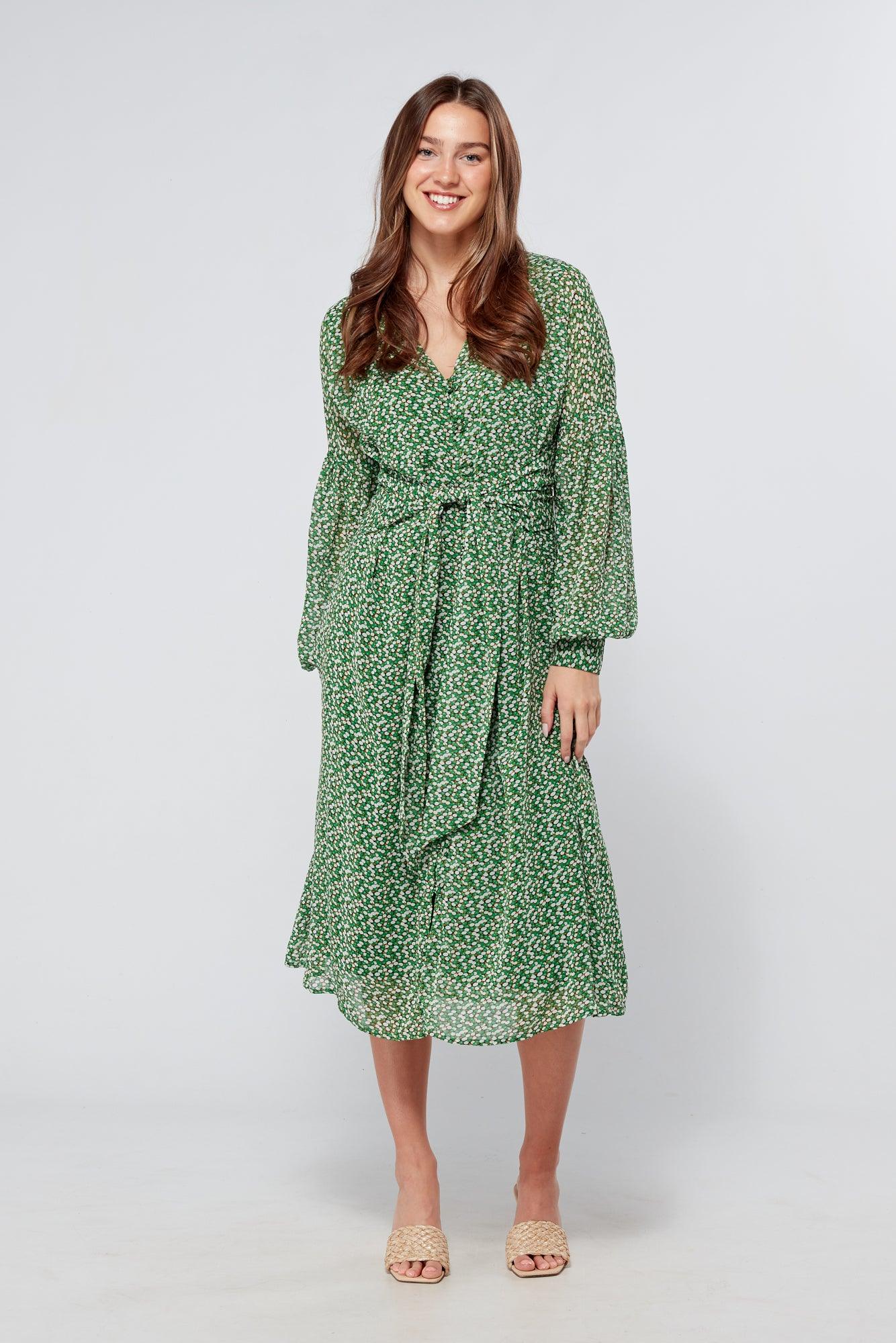 Sofia Green Front Belted Midi Dress - TAHLIRA