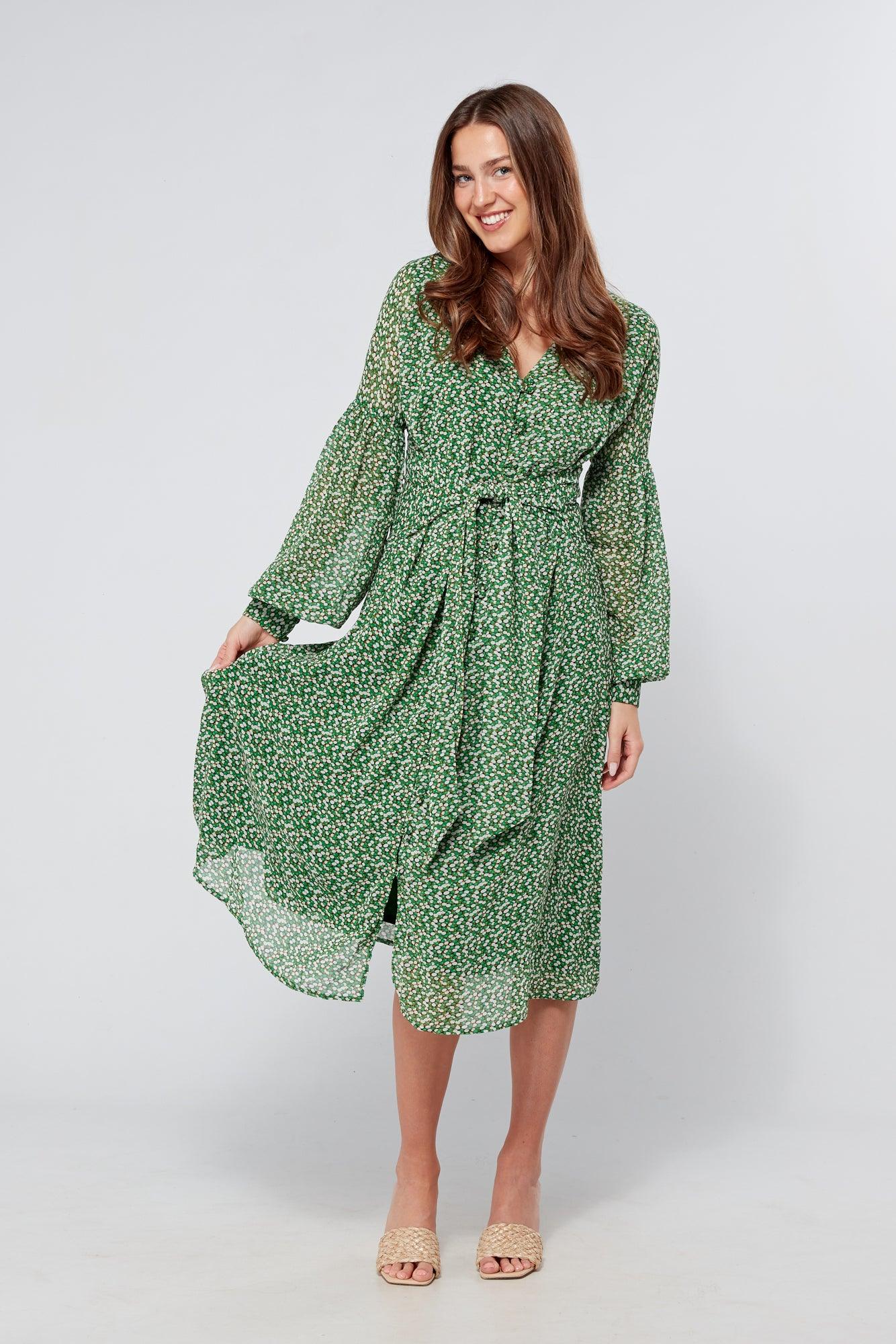 Sofia Green Front Belted Midi Dress - TAHLIRA
