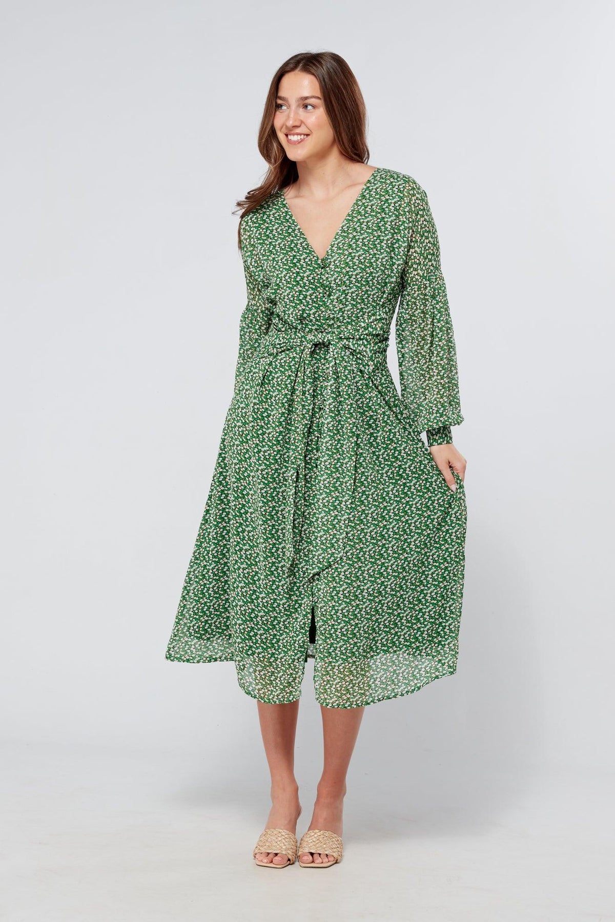 Sofia Green Front Belted Midi Dress - TAHLIRA