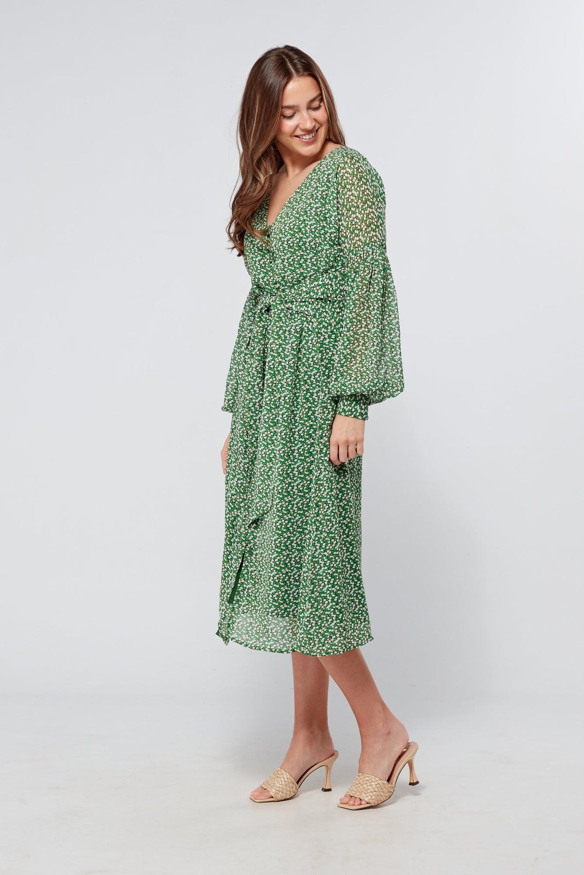 Sofia Green Front Belted Midi Dress - TAHLIRA