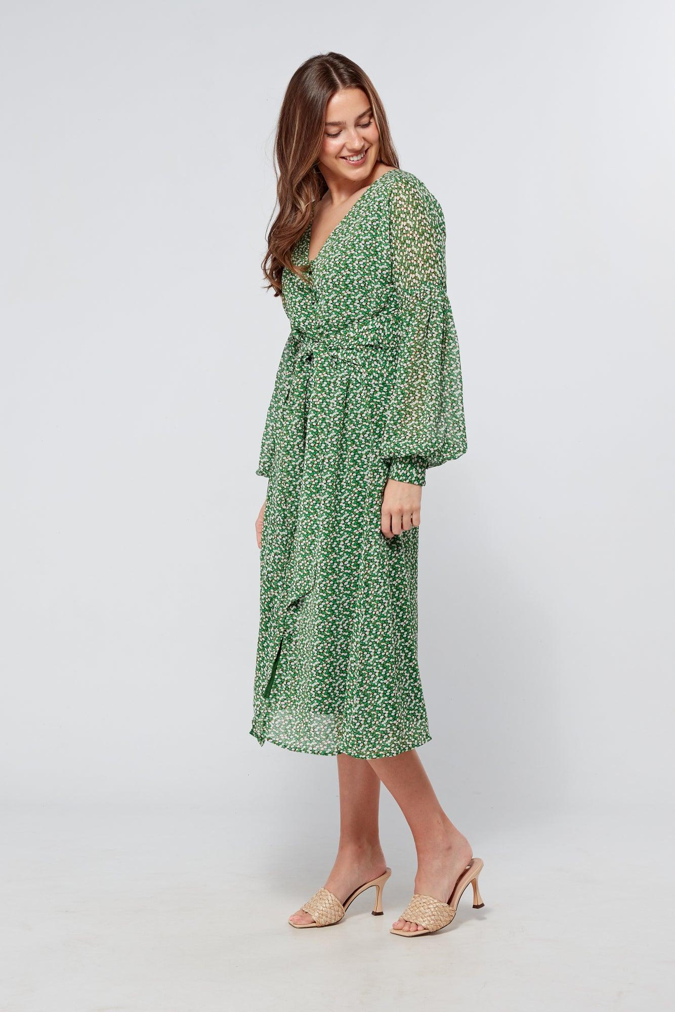 Sofia Green Front Belted Midi Dress - TAHLIRA