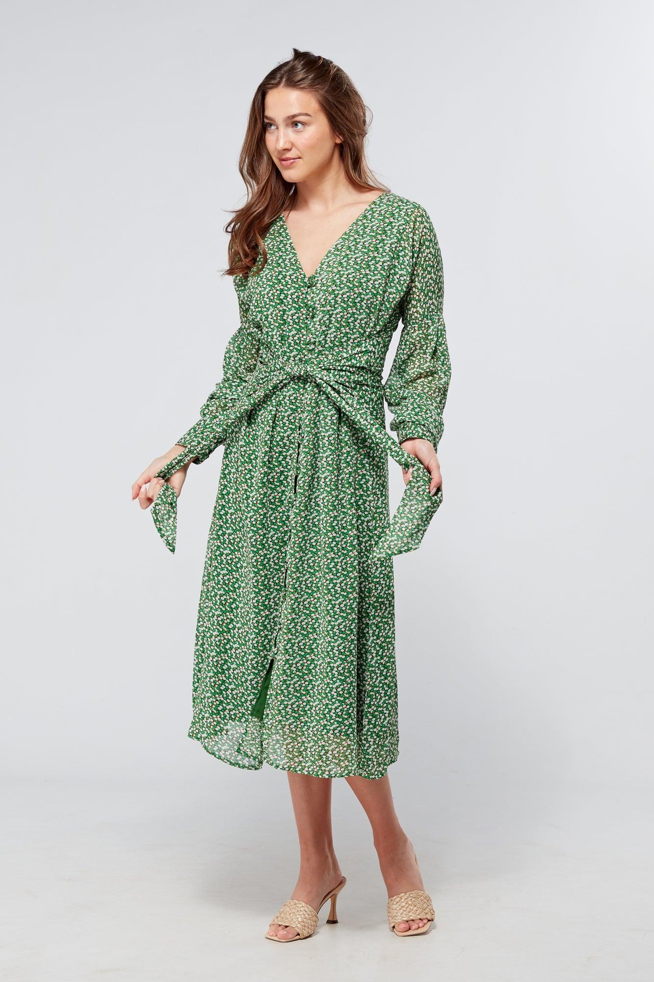Sofia Green Front Belted Midi Dress - TAHLIRA