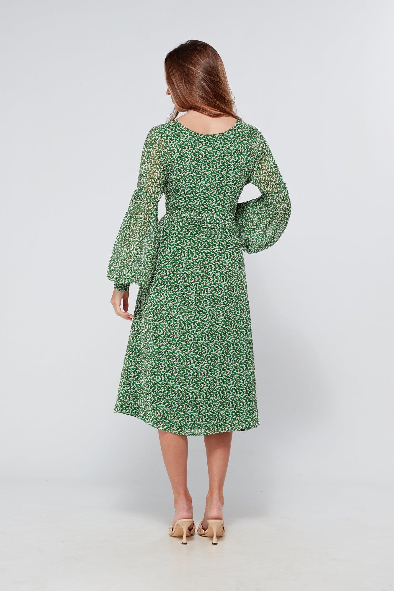 Sofia Green Front Belted Midi Dress - TAHLIRA