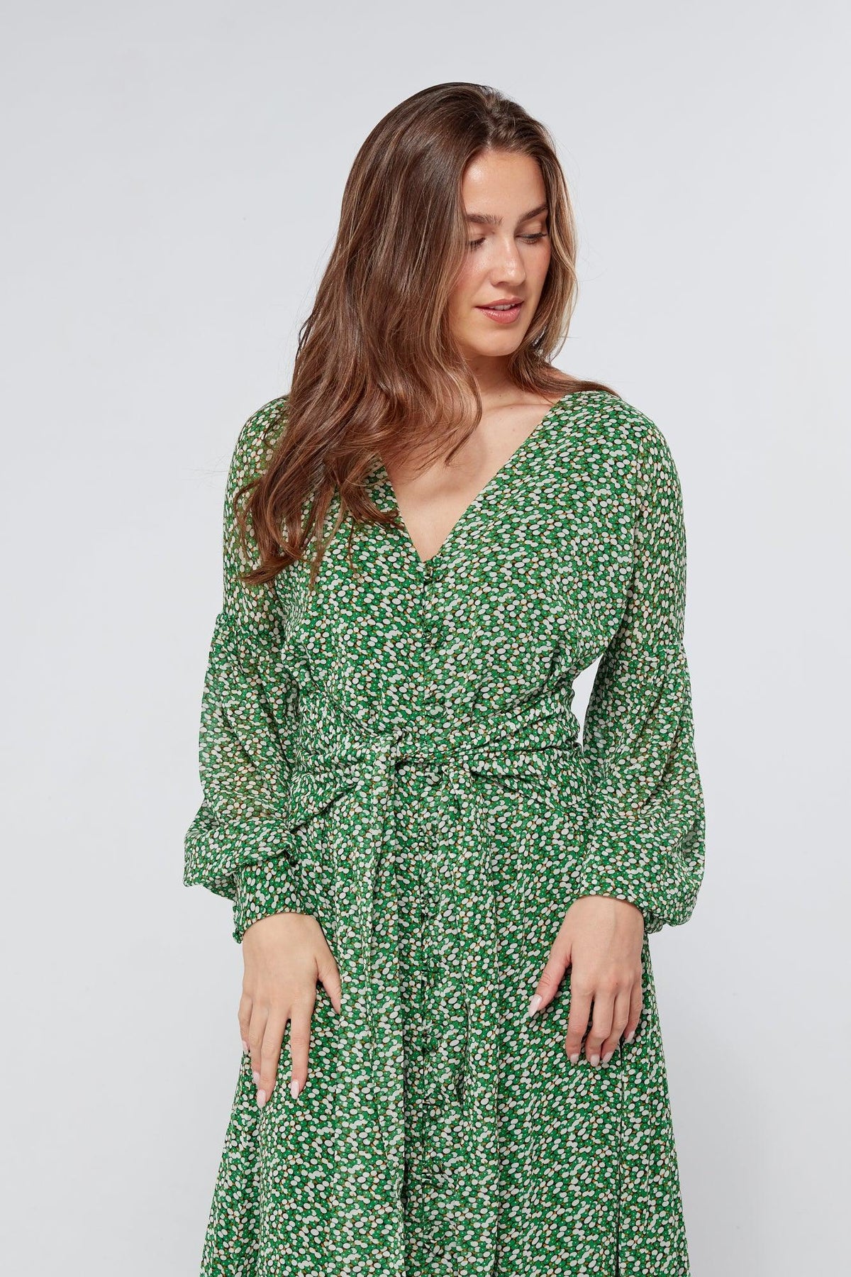Sofia Green Front Belted Midi Dress - TAHLIRA