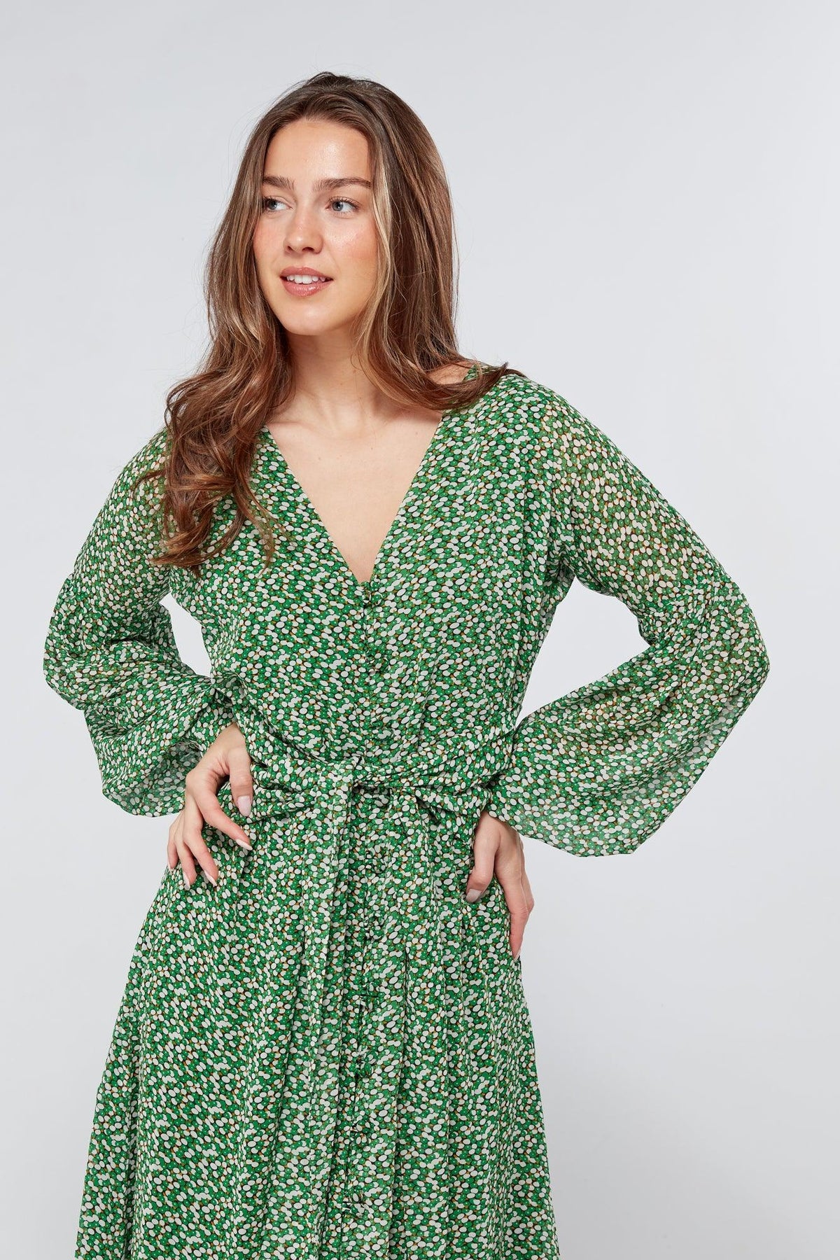 Sofia Green Front Belted Midi Dress - TAHLIRA
