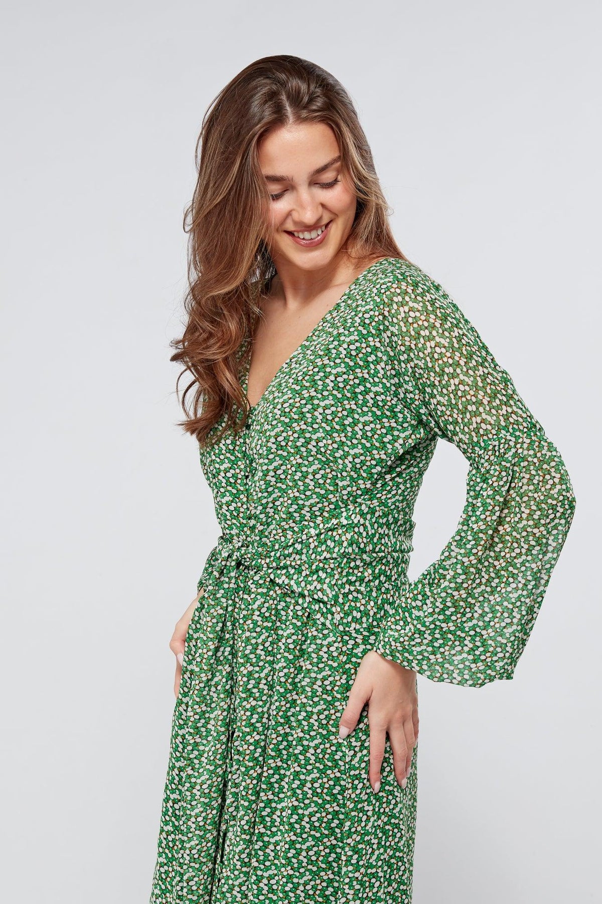 Sofia Green Front Belted Midi Dress - TAHLIRA