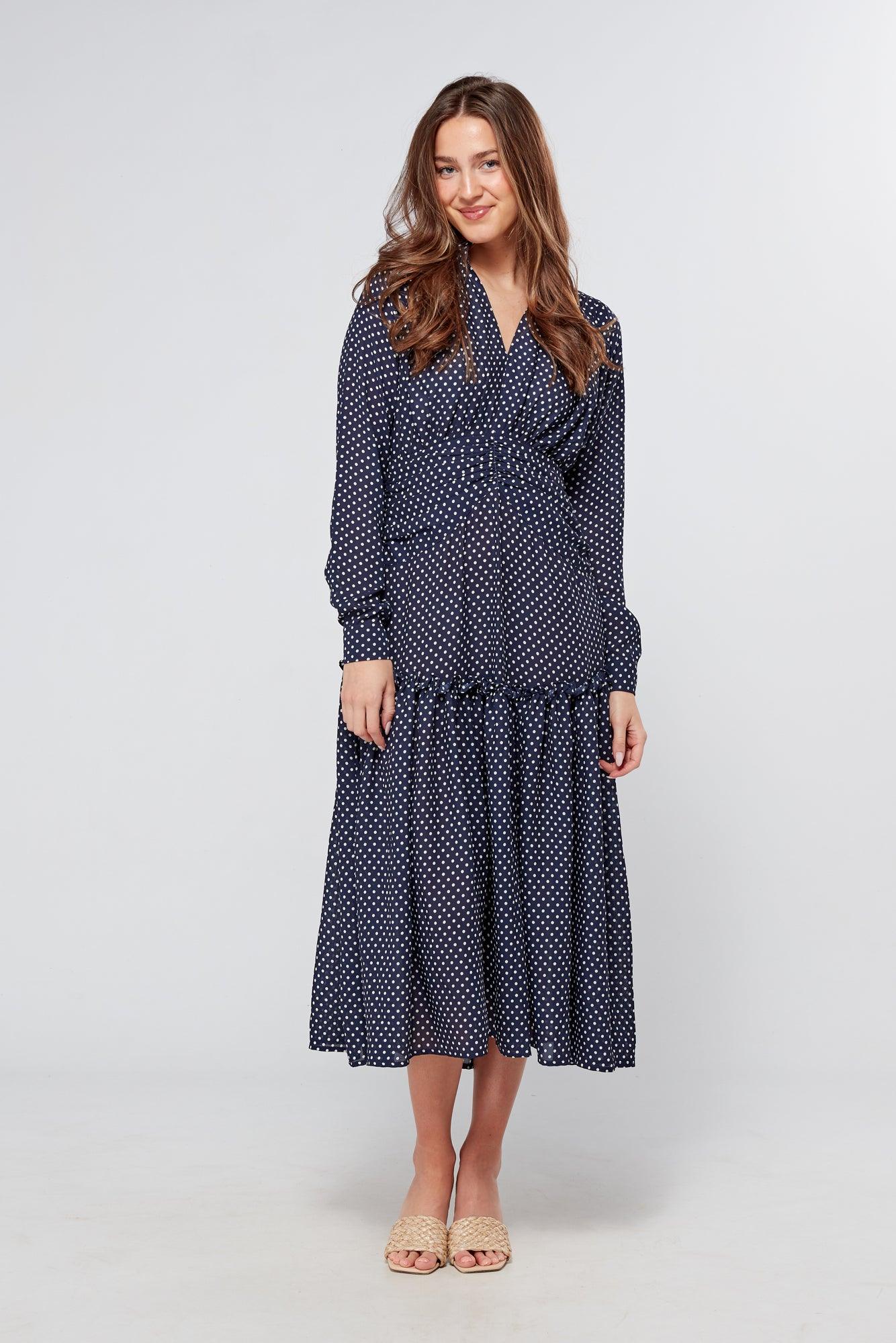 Nikita Navy Dotted Midi Dress With Long Sleeves - TAHLIRA