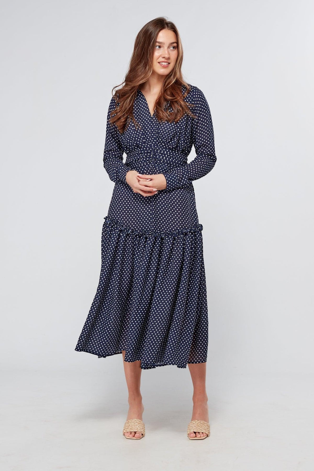 Nikita Navy Dotted Midi Dress With Long Sleeves - TAHLIRA