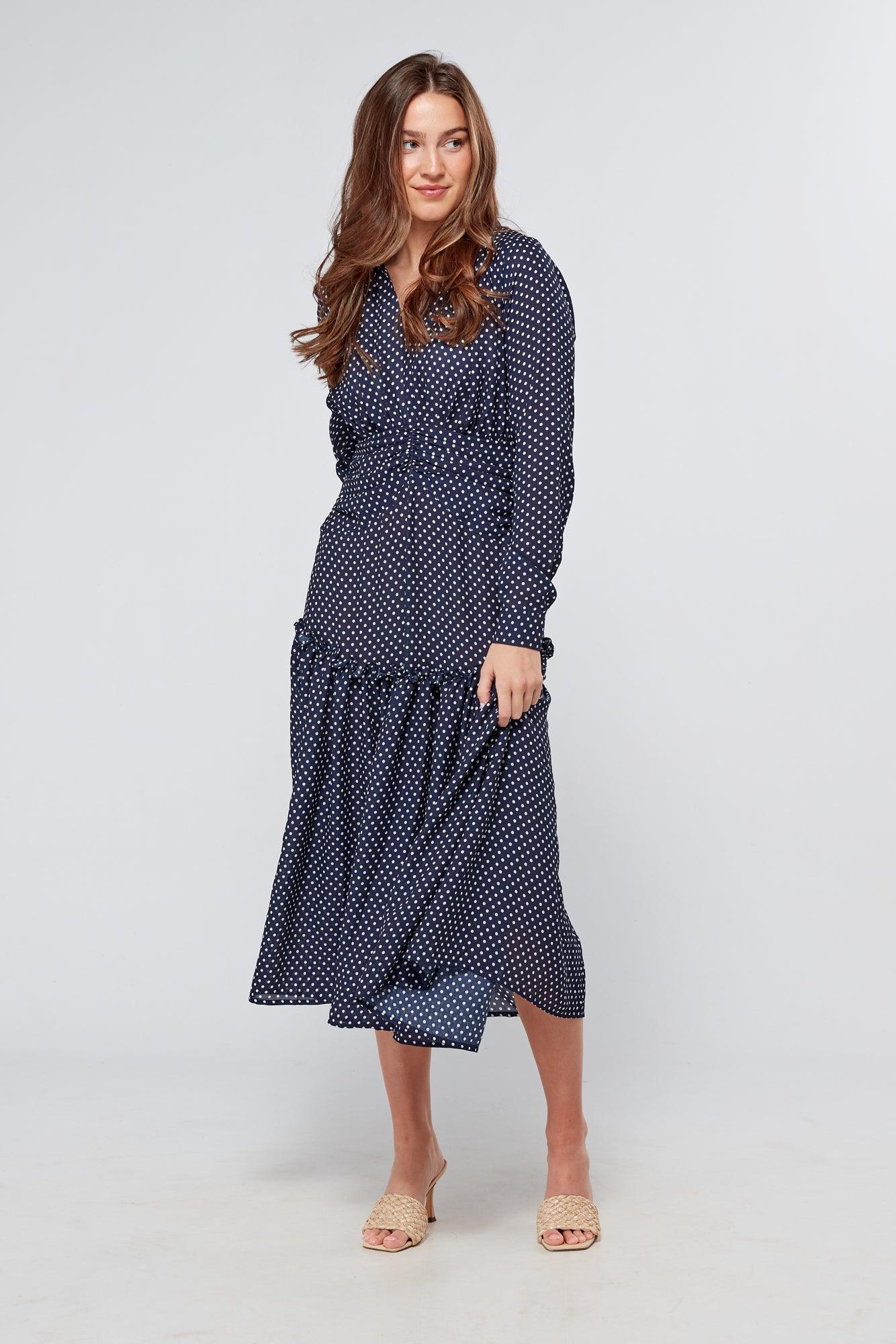 Nikita Navy Dotted Midi Dress With Long Sleeves - TAHLIRA