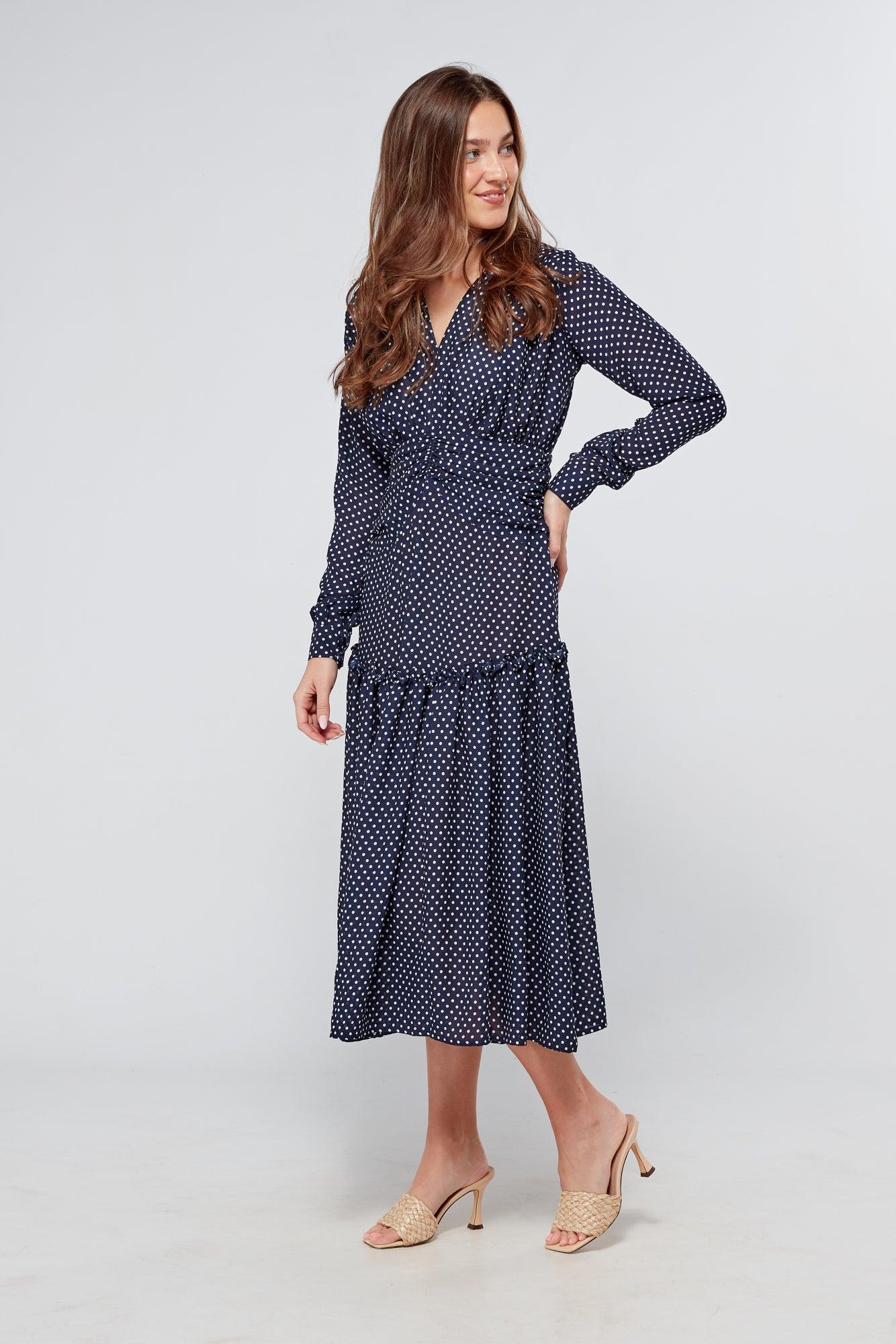 Nikita Navy Dotted Midi Dress With Long Sleeves - TAHLIRA