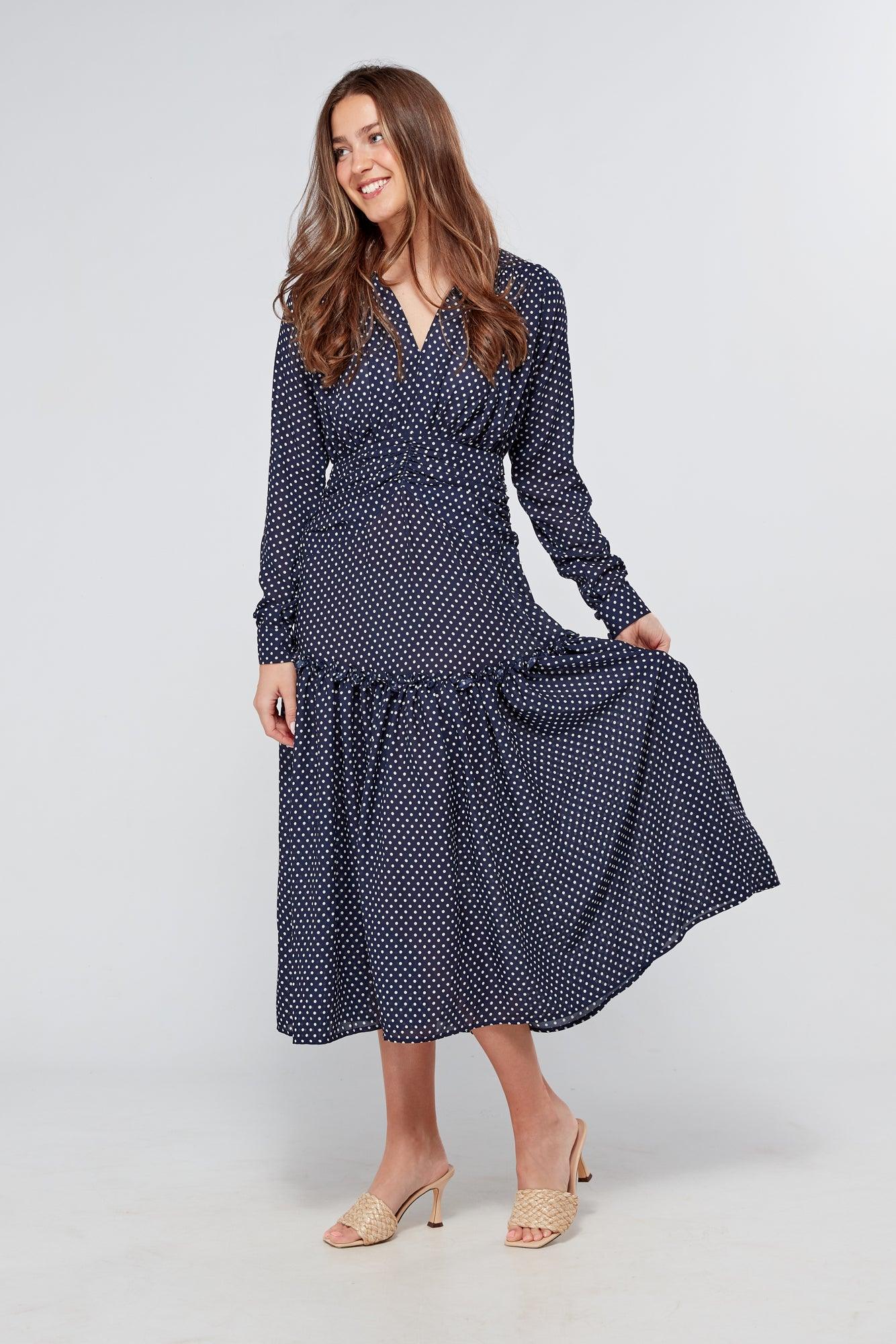 Nikita Navy Dotted Midi Dress With Long Sleeves - TAHLIRA