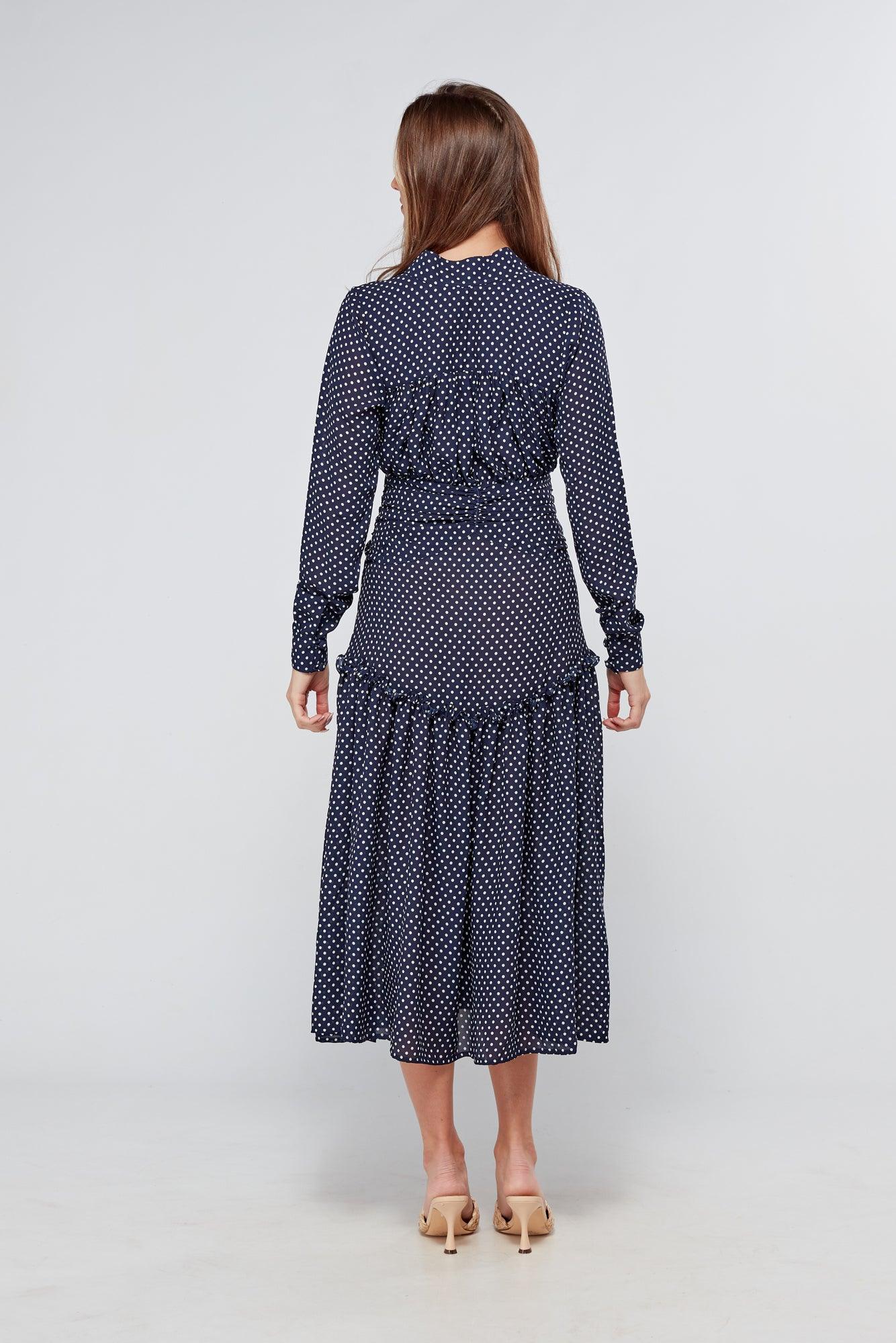 Nikita Navy Dotted Midi Dress With Long Sleeves - TAHLIRA