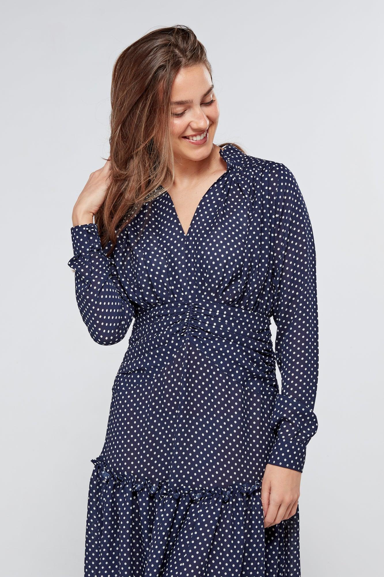 Nikita Navy Dotted Midi Dress With Long Sleeves - TAHLIRA