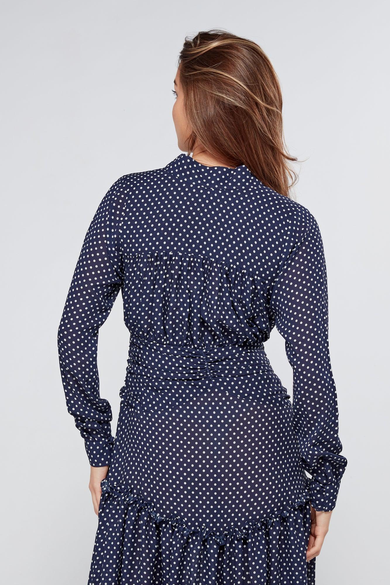 Nikita Navy Dotted Midi Dress With Long Sleeves - TAHLIRA