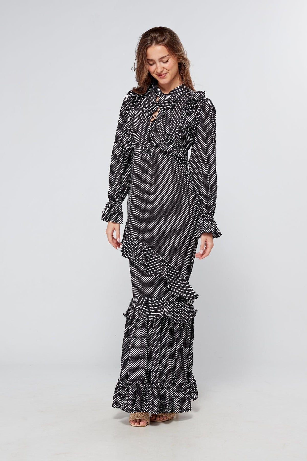 Anais Black And White Dotted Maxi Dress With Bowtie - TAHLIRA