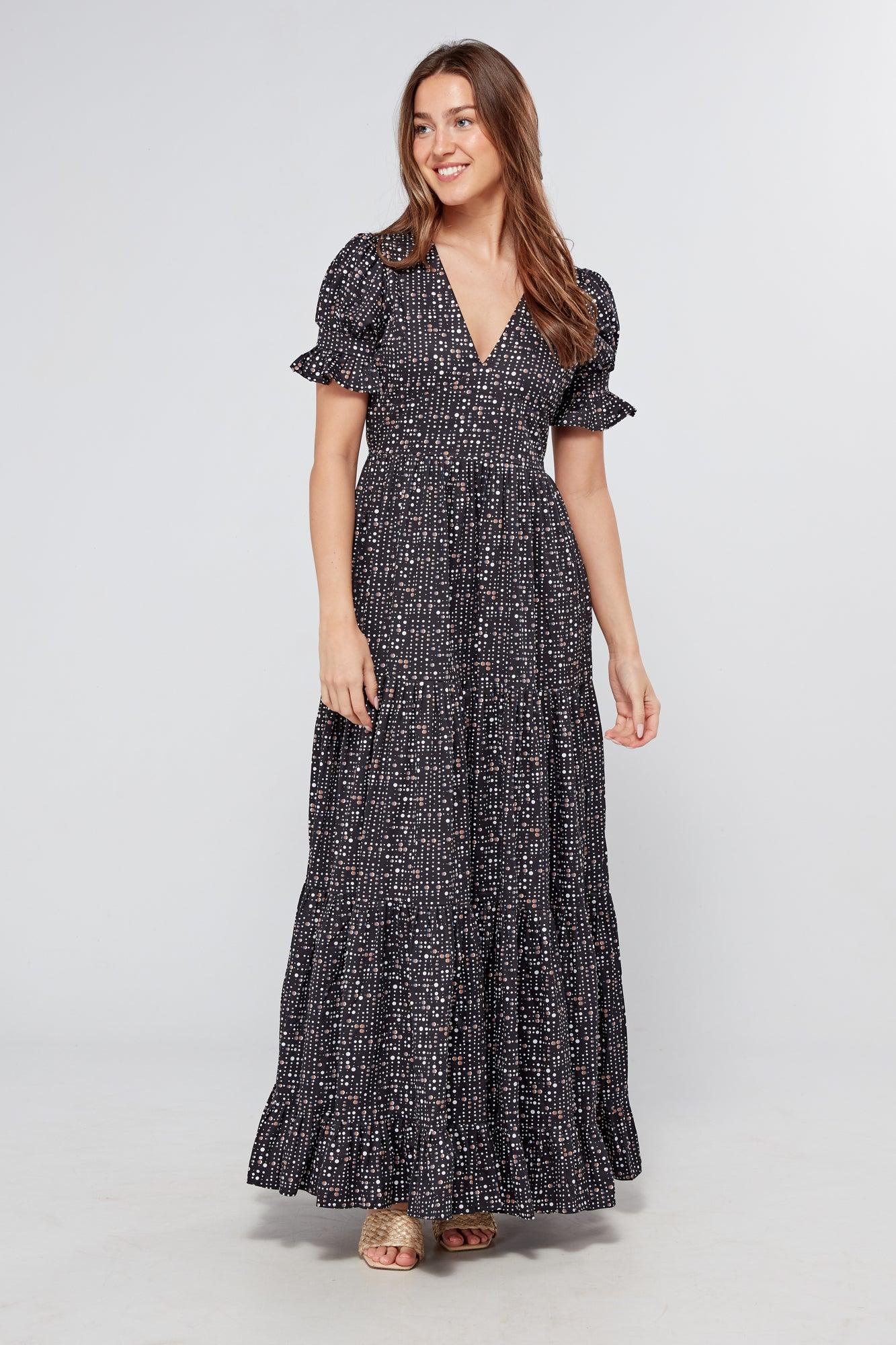 Alaya Black Printed Tiered Maxi Dress - TAHLIRA