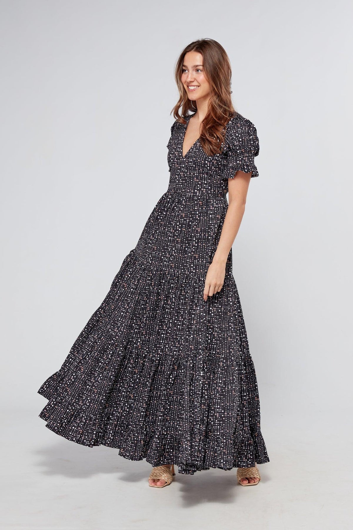 Alaya Black Printed Tiered Maxi Dress - TAHLIRA