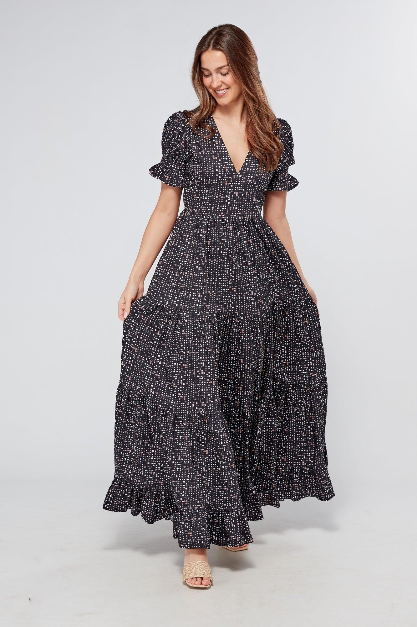 Alaya Black Printed Tiered Maxi Dress - TAHLIRA