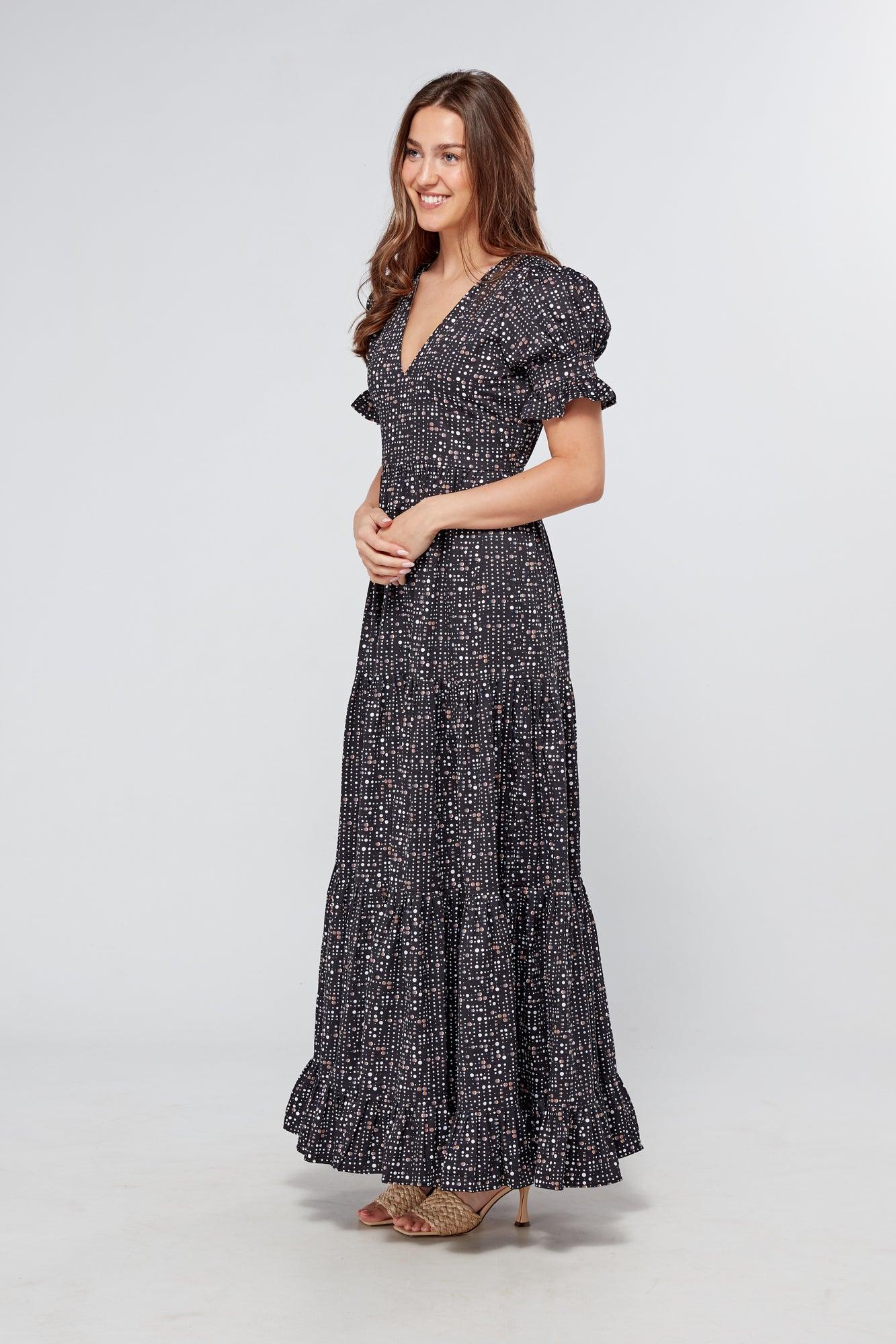 Alaya Black Printed Tiered Maxi Dress - TAHLIRA