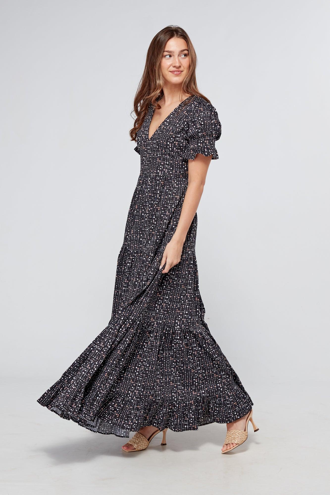 Alaya Black Printed Tiered Maxi Dress - TAHLIRA