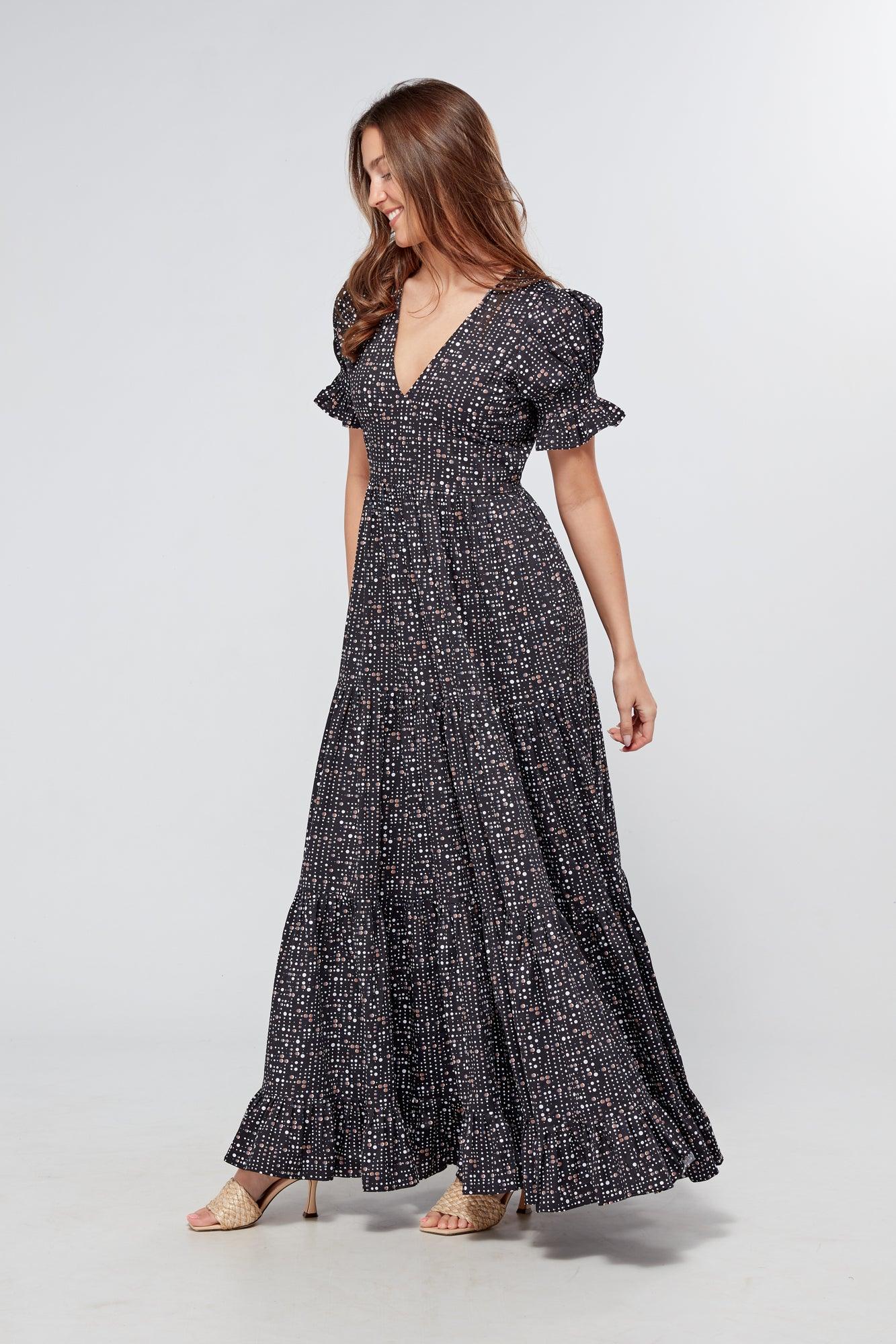 Alaya Black Printed Tiered Maxi Dress - TAHLIRA