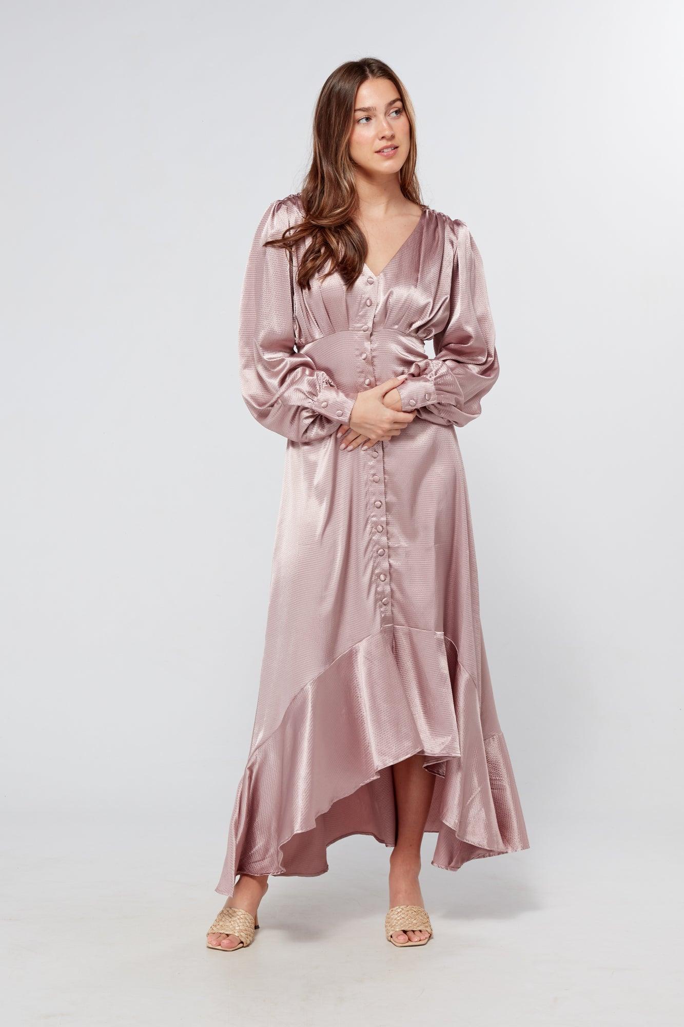 Charlize Dusty Pink Buttoned Front Maxi Dress - TAHLIRA