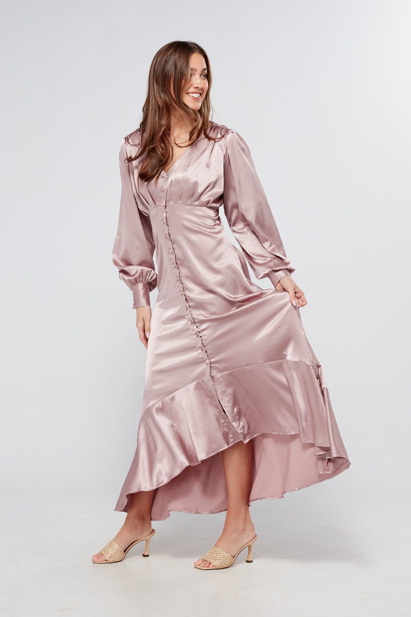 Charlize Dusty Pink Buttoned Front Maxi Dress - TAHLIRA