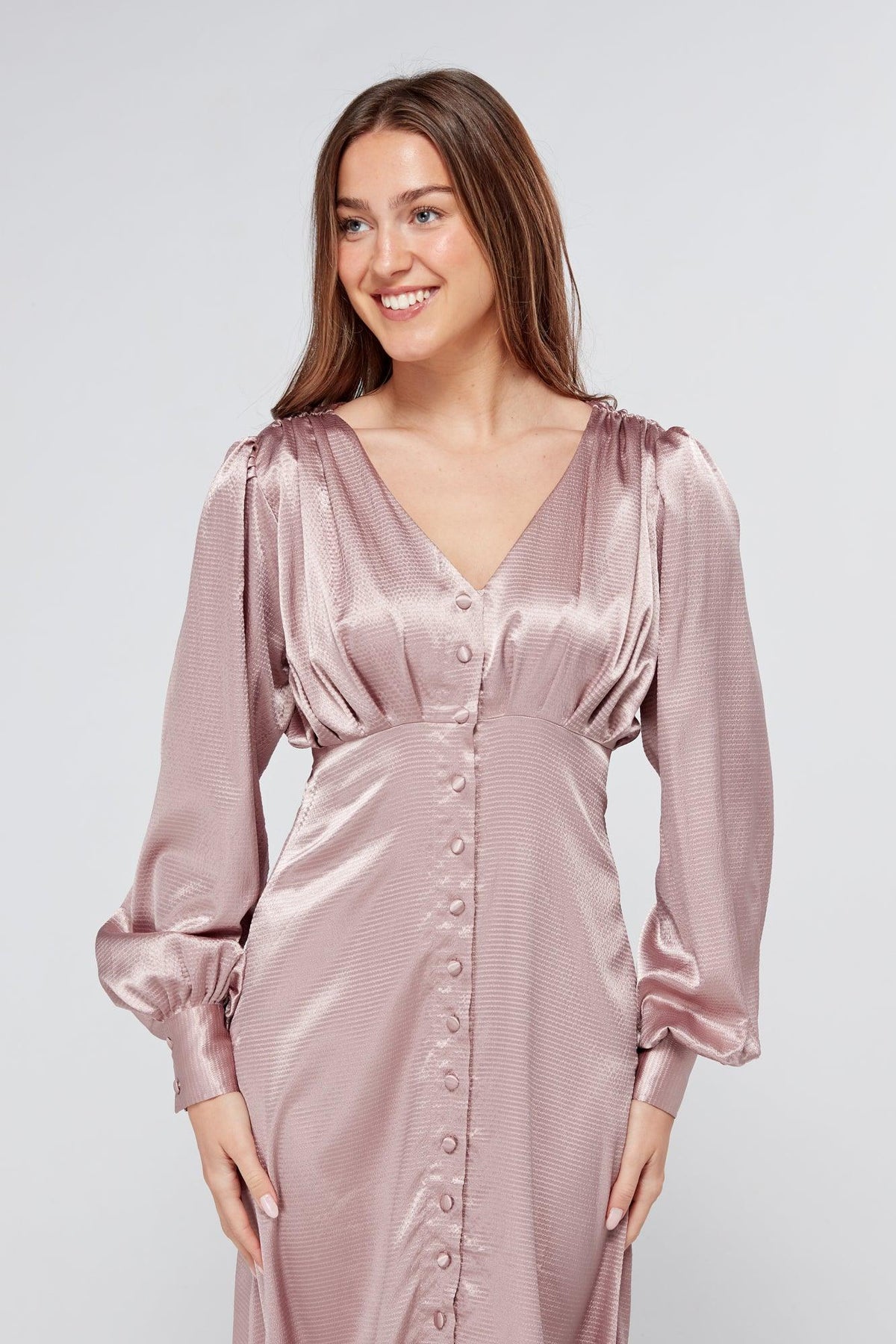 Charlize Dusty Pink Buttoned Front Maxi Dress - TAHLIRA