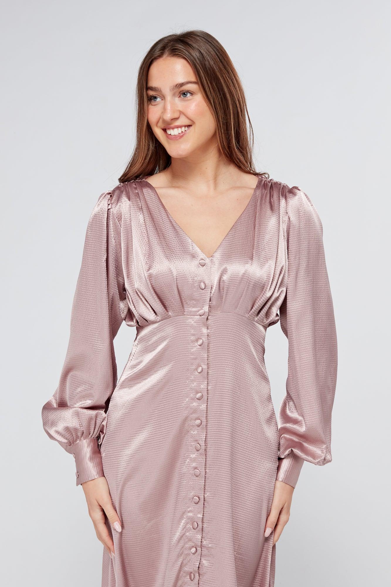 Charlize Dusty Pink Buttoned Front Maxi Dress - TAHLIRA