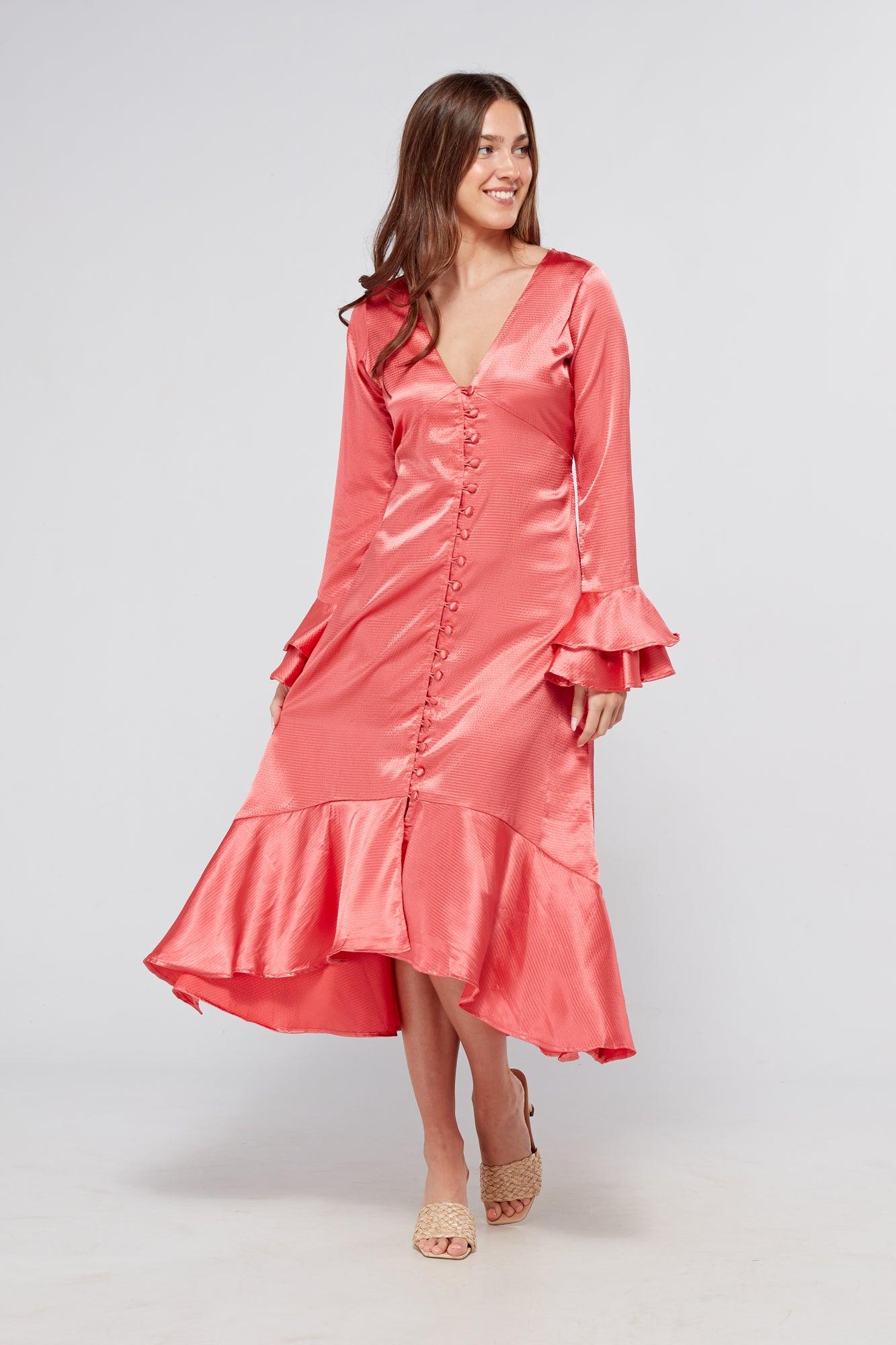 Sakura Coral Pink Buttoned Front Midi Dress - TAHLIRA