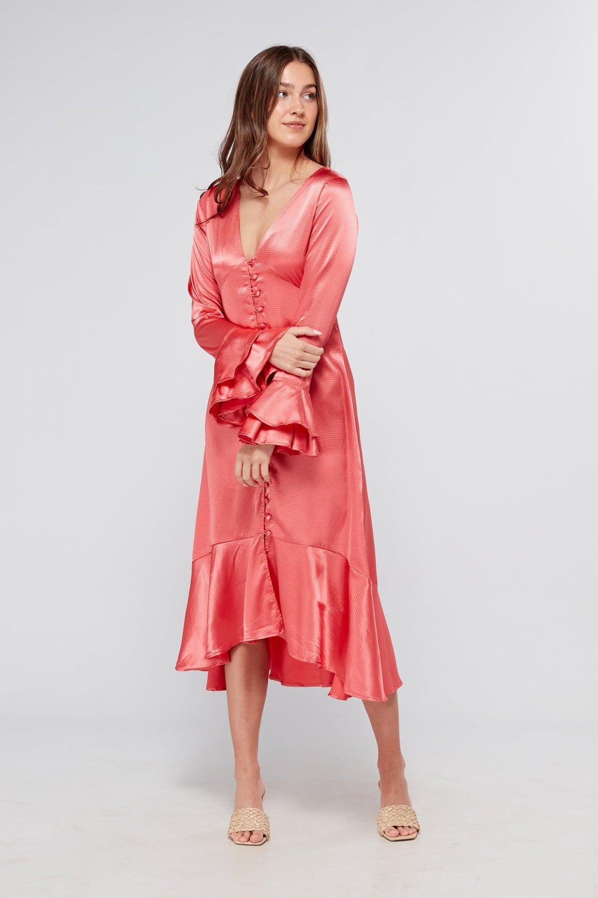 Sakura Coral Pink Buttoned Front Midi Dress - TAHLIRA