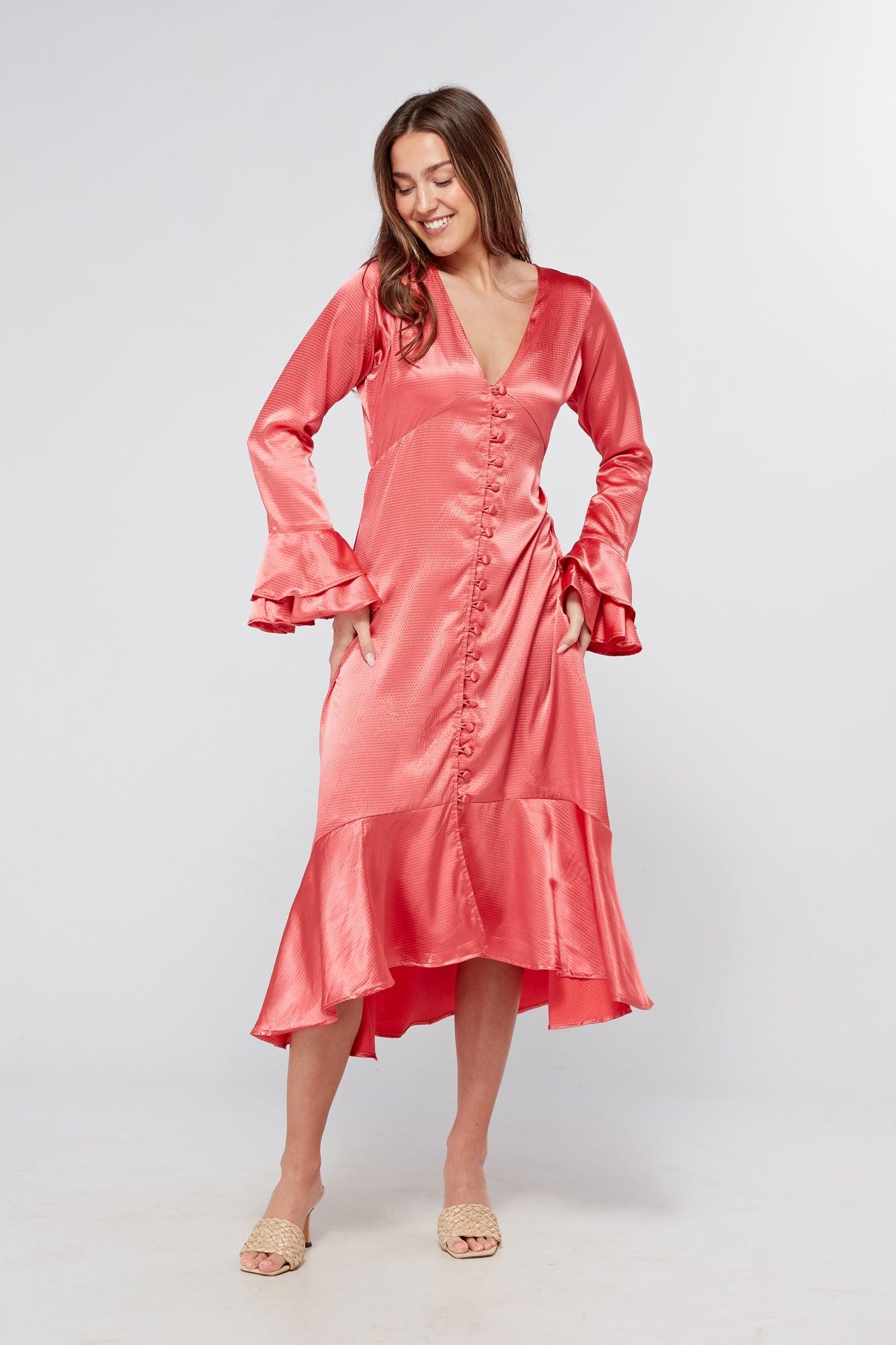 Sakura Coral Pink Buttoned Front Midi Dress - TAHLIRA