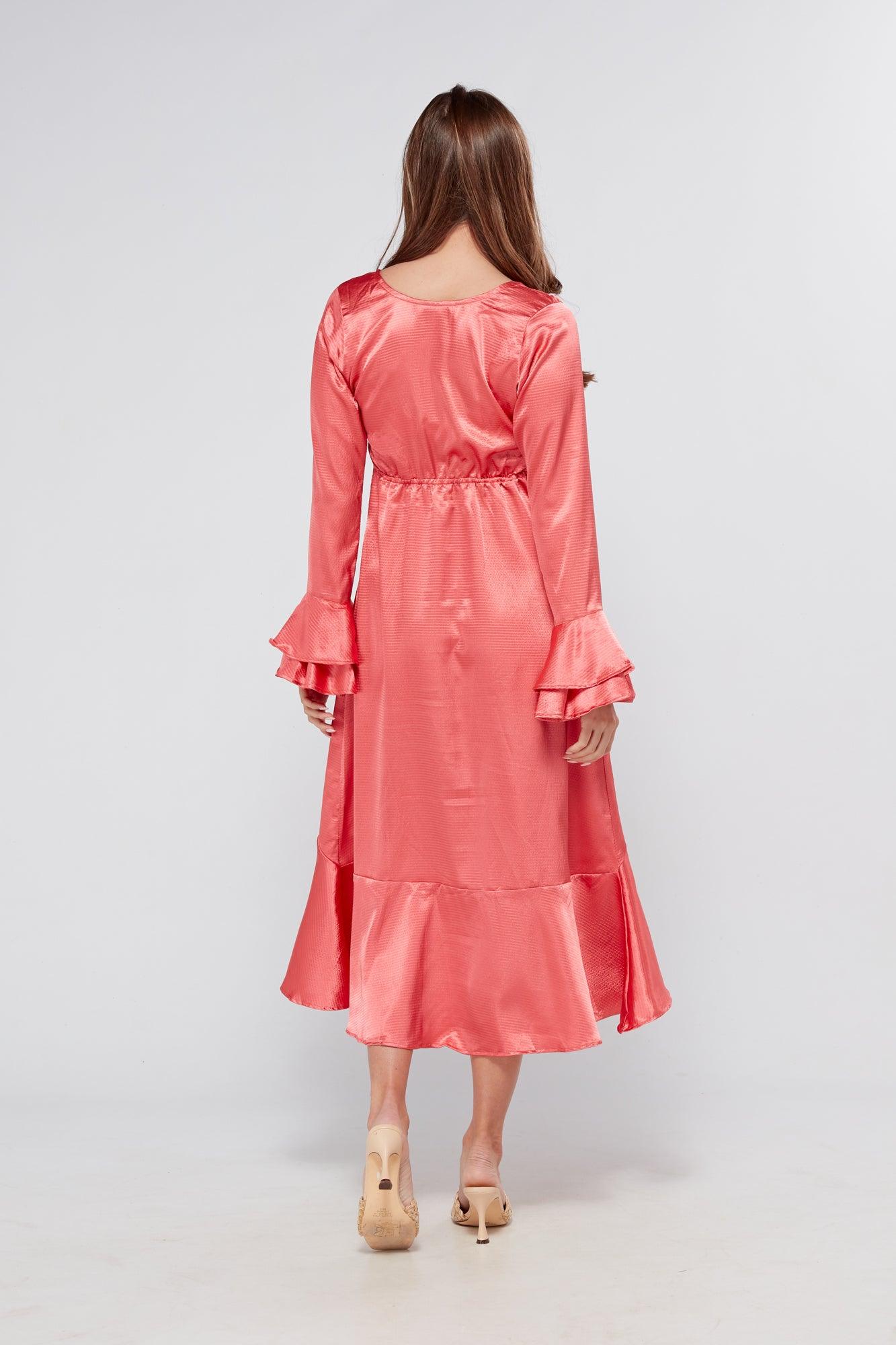 Sakura Coral Pink Buttoned Front Midi Dress - TAHLIRA